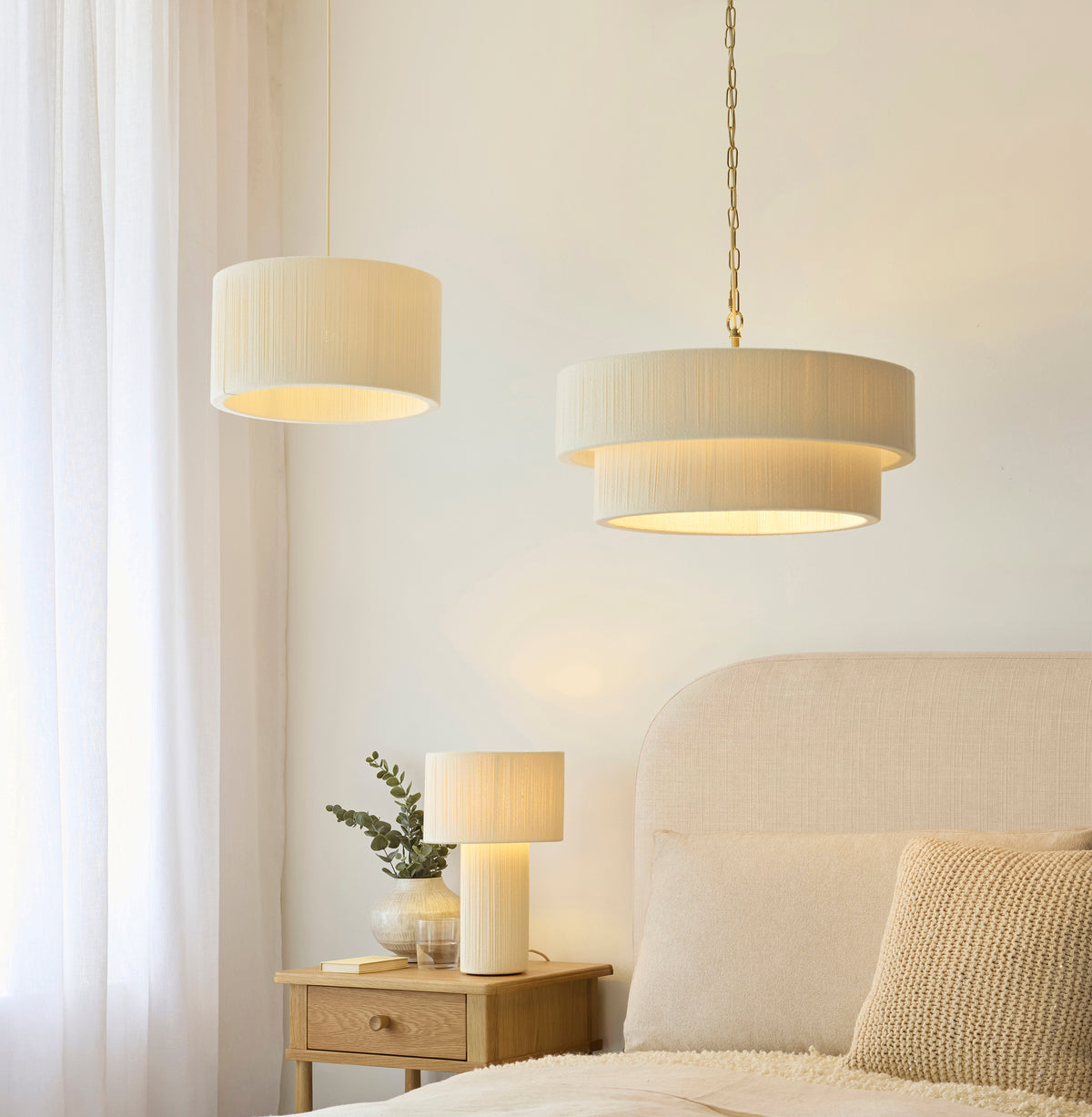 Endon Noah 5 Light Pendant - Cream Cotton & Brushed Brass Plate