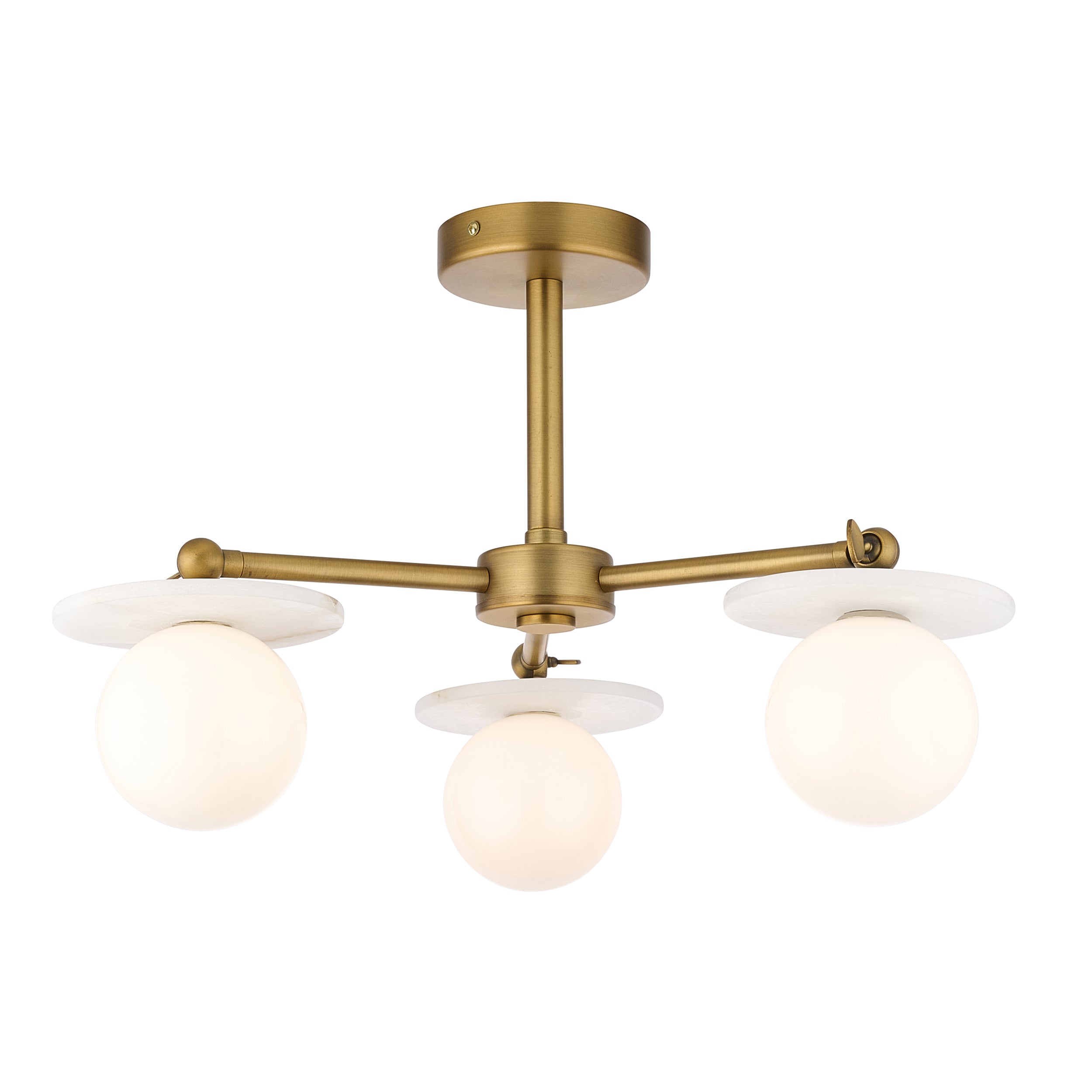 Endon Cerchio 3 Light Semi Flush Ceiling Light - Warm Antique Brass Plate, Alabaster Stone & Gloss White Glass