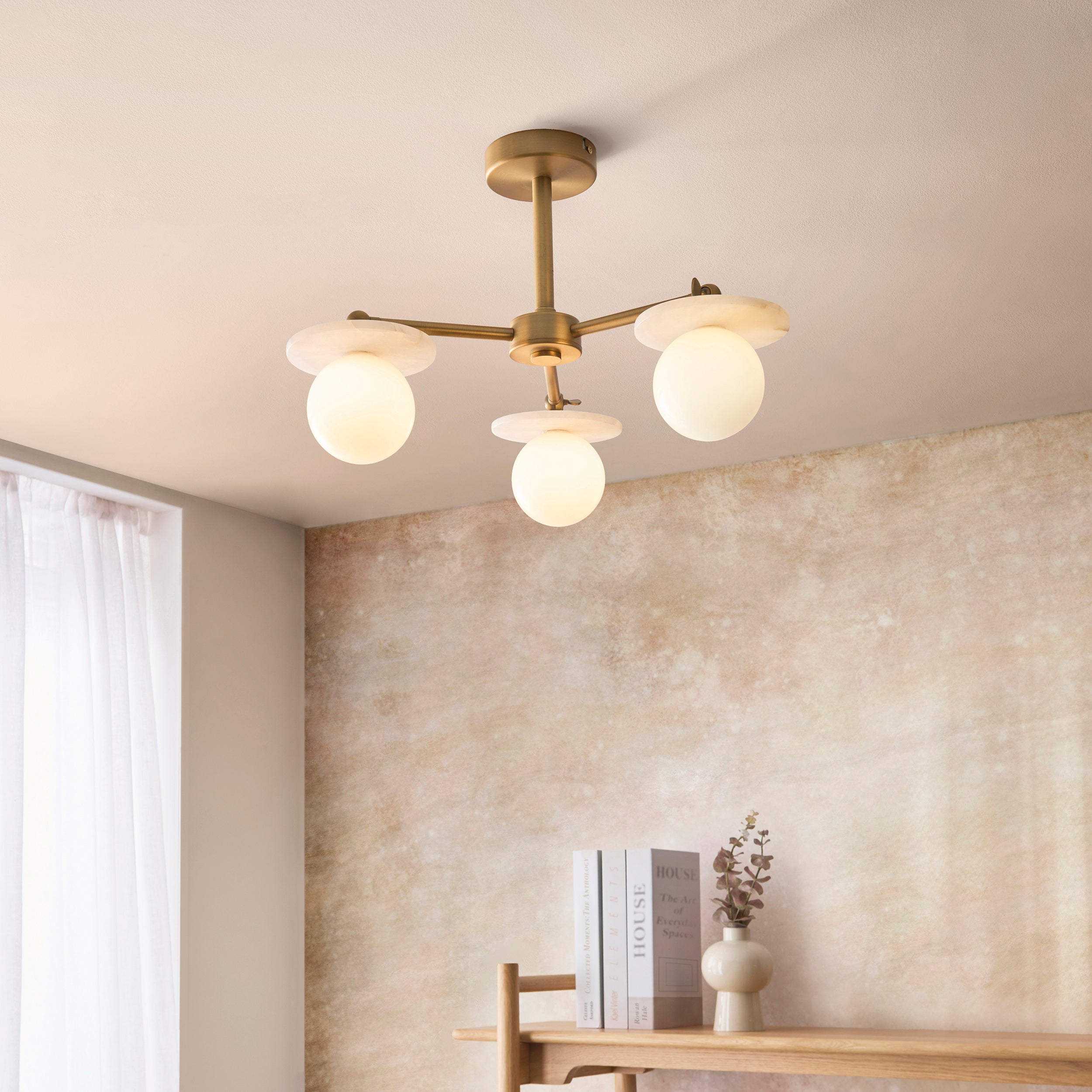 Endon Cerchio 3 Light Semi Flush Ceiling Light - Warm Antique Brass Plate, Alabaster Stone & Gloss White Glass