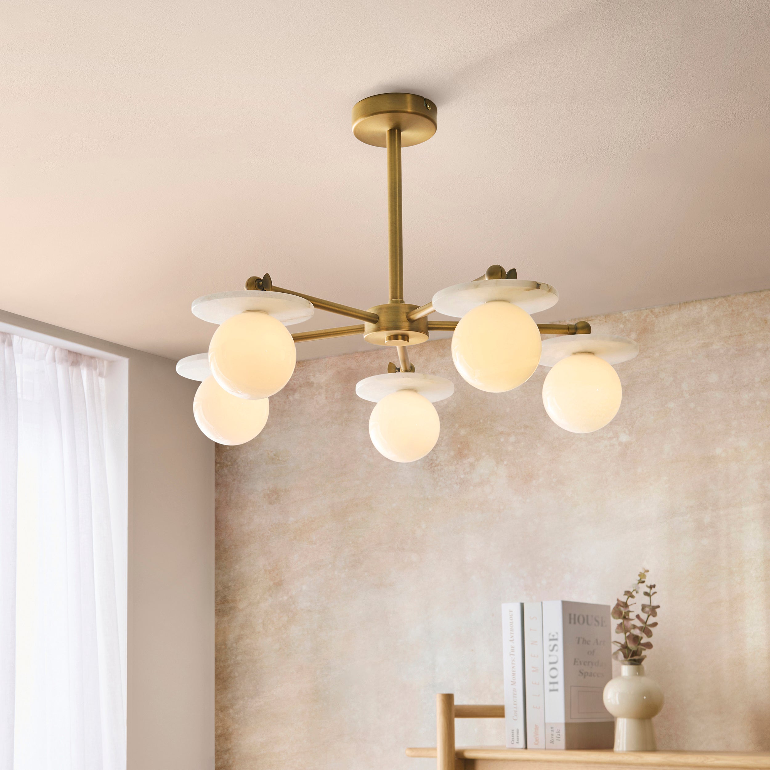 Endon Cerchio 5 Light Semi Flush Ceiling Light - Warm Antique Brass Plate, Alabaster Stone & Gloss White Glass