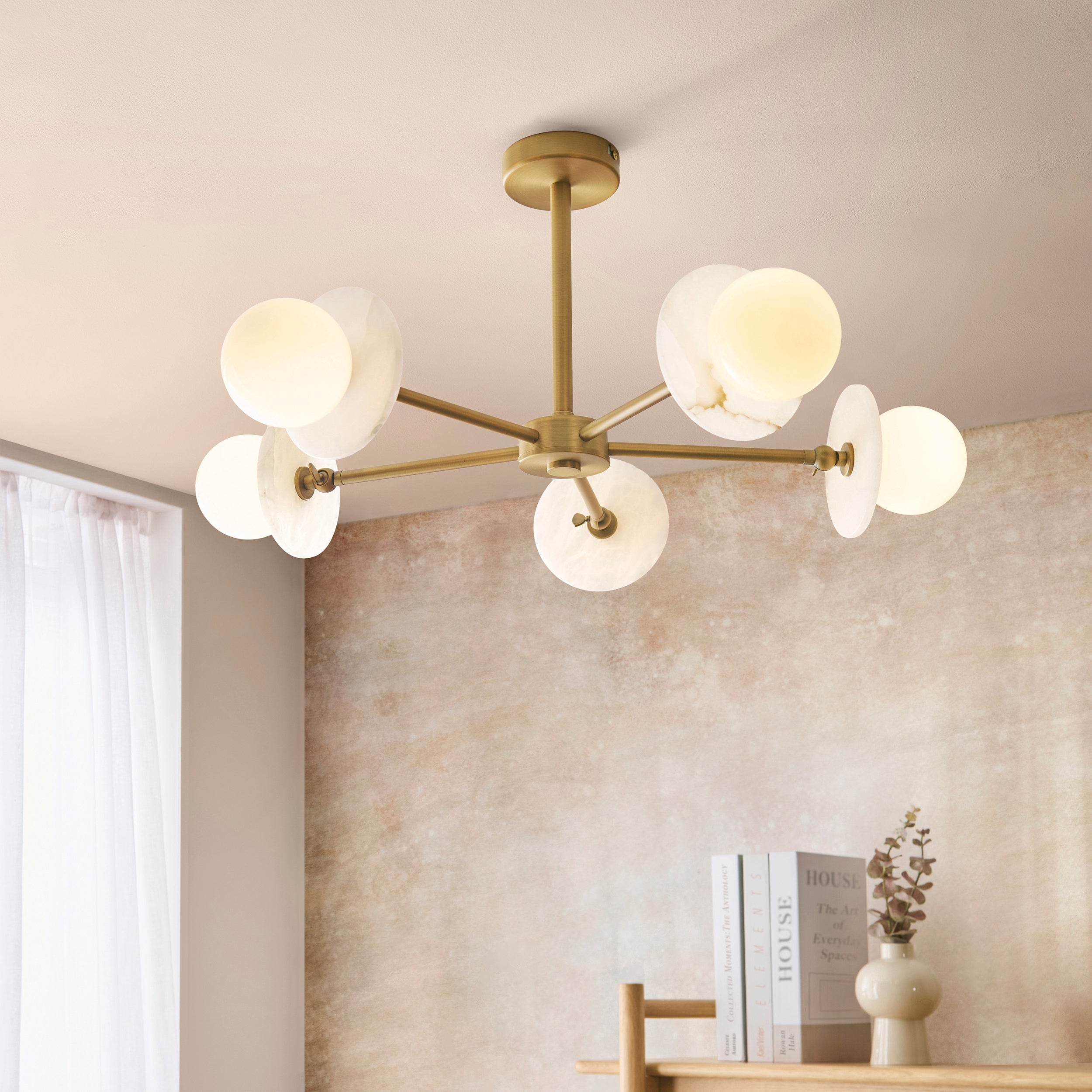 Endon Cerchio 5 Light Semi Flush Ceiling Light - Warm Antique Brass Plate, Alabaster Stone & Gloss White Glass