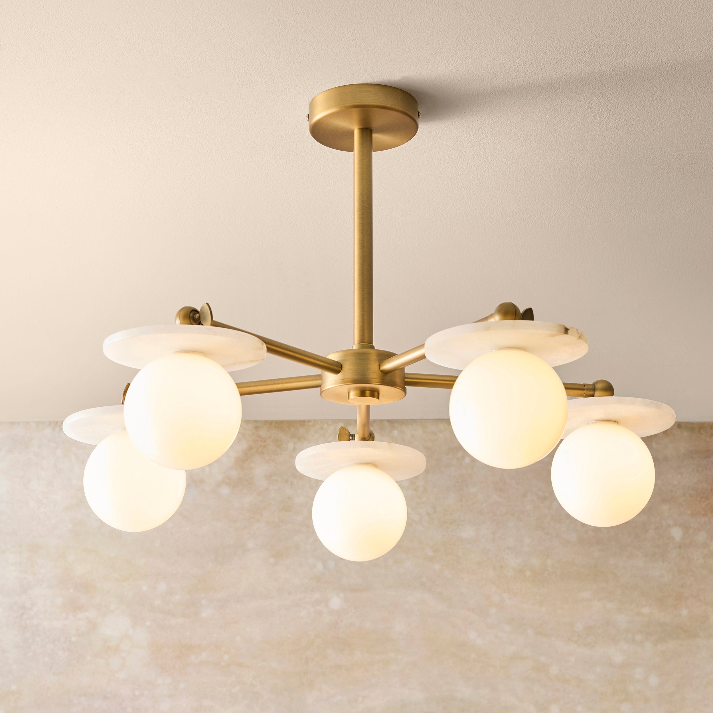Endon Cerchio 5 Light Semi Flush Ceiling Light - Warm Antique Brass Plate, Alabaster Stone & Gloss White Glass
