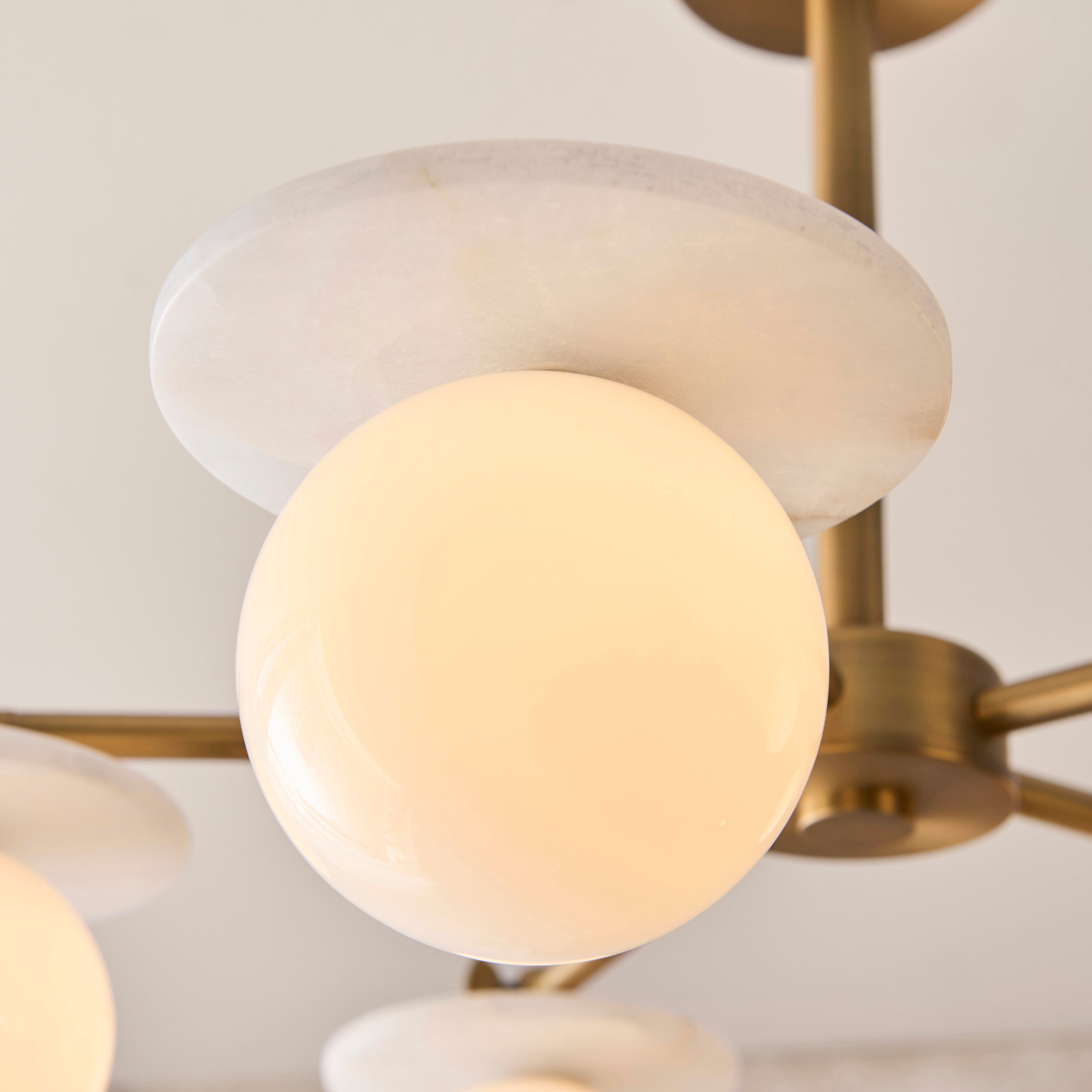 Endon Cerchio 5 Light Semi Flush Ceiling Light - Warm Antique Brass Plate, Alabaster Stone & Gloss White Glass