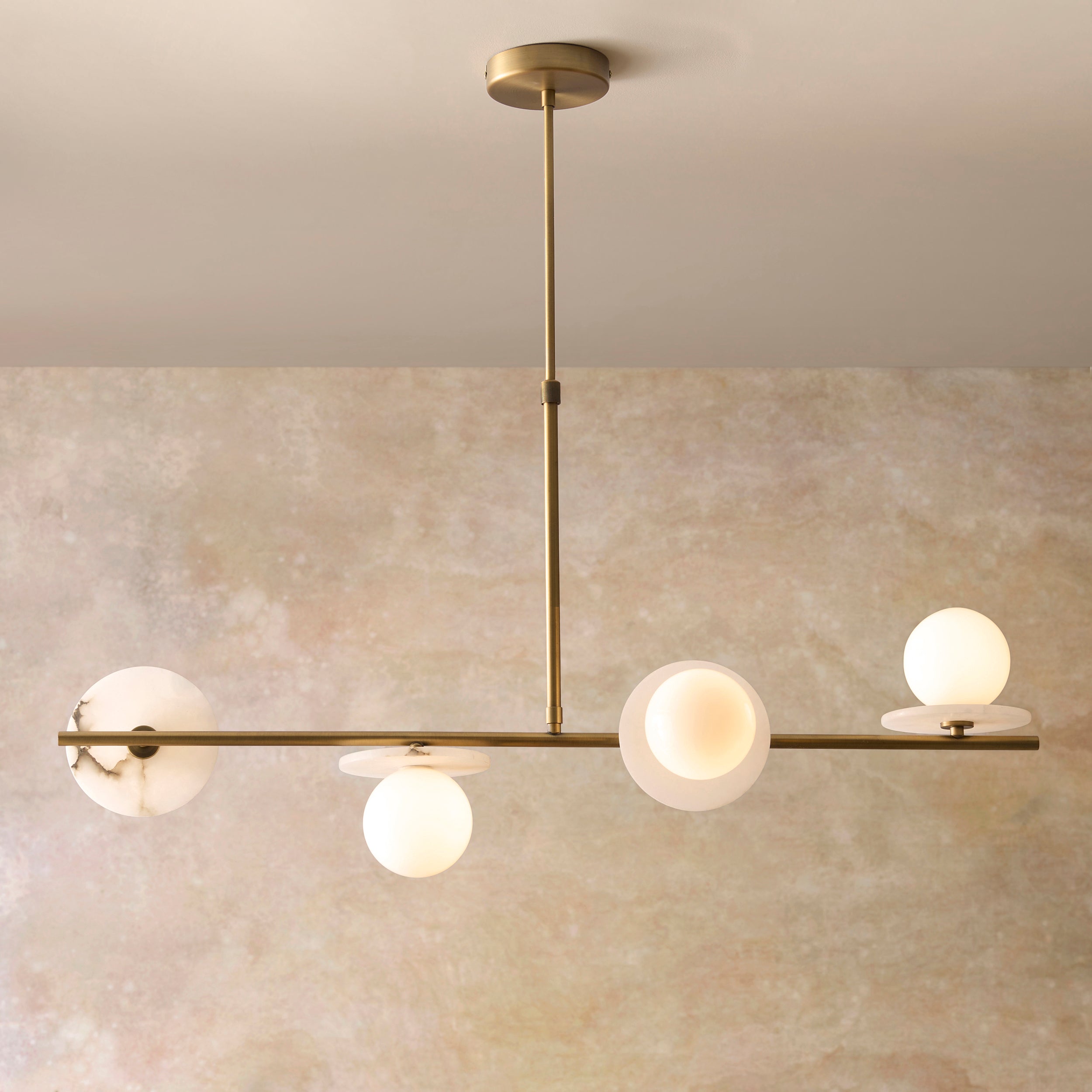 Endon Cerchio 4 Light Linear Pendant - Warm Antique Brass Plate, Alabaster Stone & Gloss White Glass