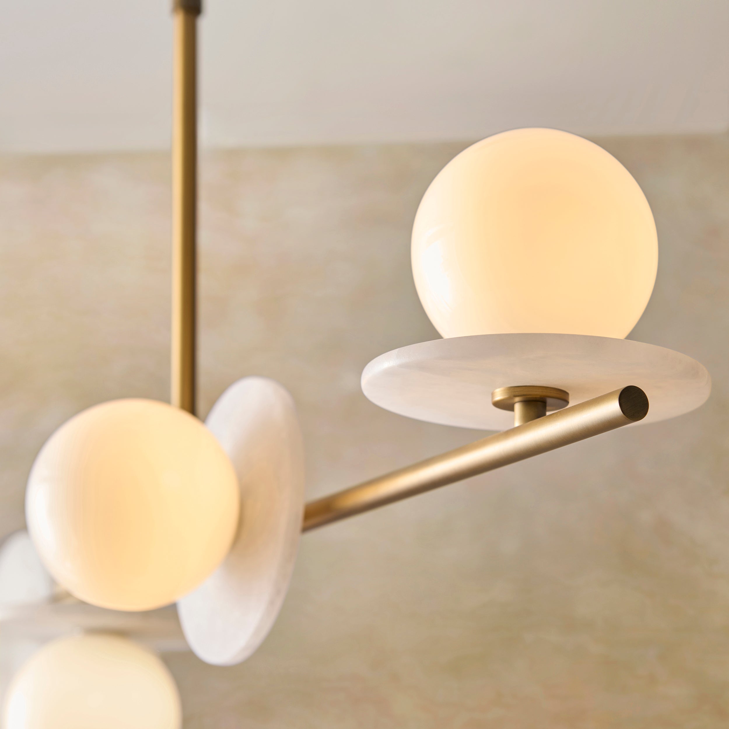 Endon Cerchio 4 Light Linear Pendant - Warm Antique Brass Plate, Alabaster Stone & Gloss White Glass
