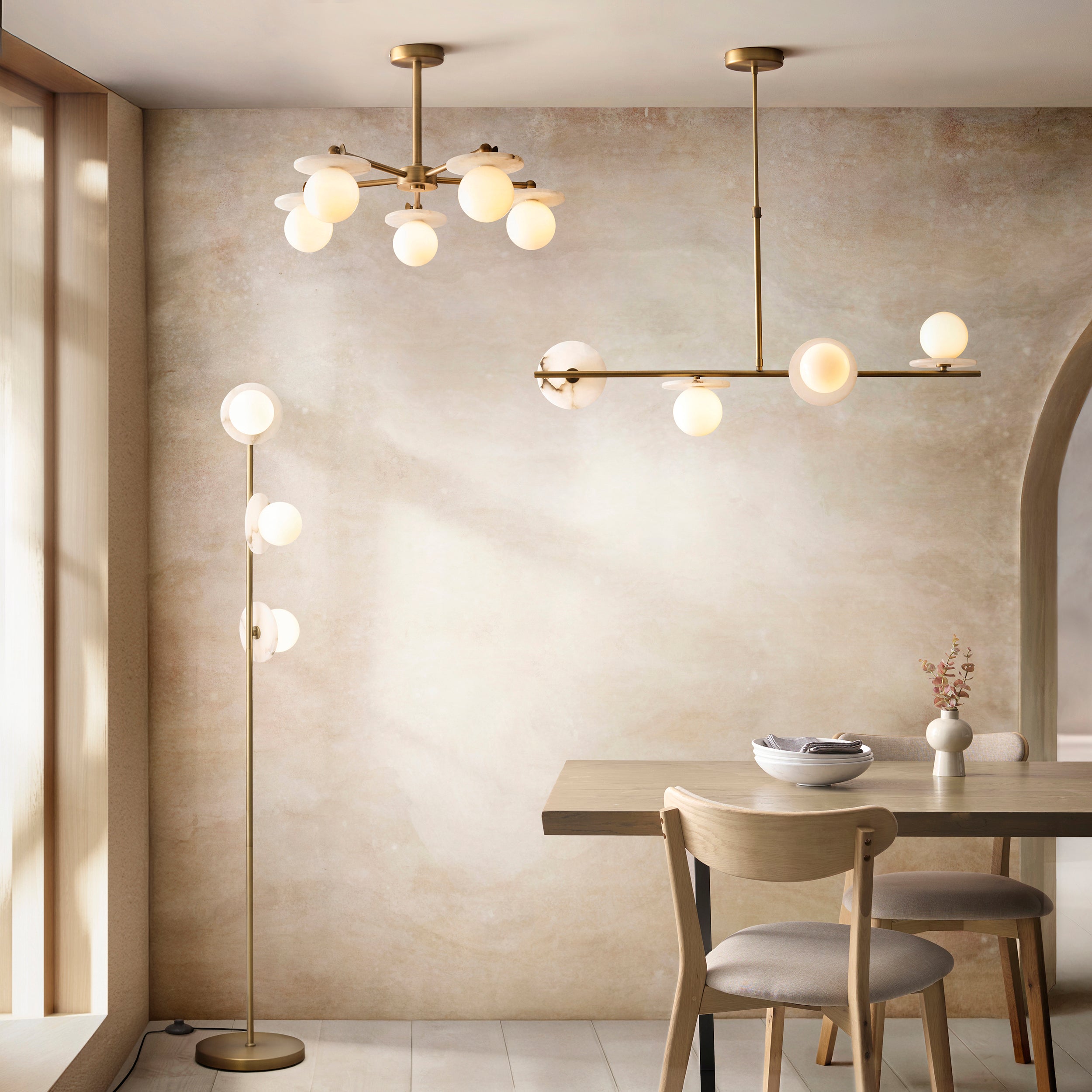Endon Cerchio 3 Light Floor Lamp - Warm Antique Brass Plate, Alabaster Stone & Gloss White Glass