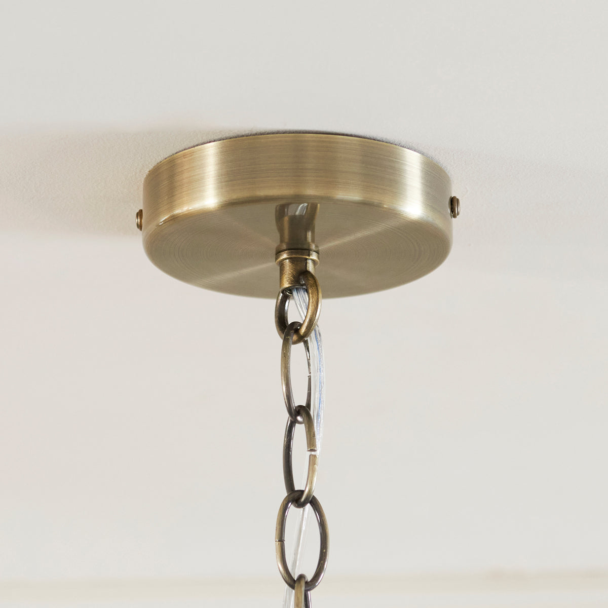 Close up of the Ridgeton Scallop pendant's antique brass ceiling rose and chain against a plain ceiling.