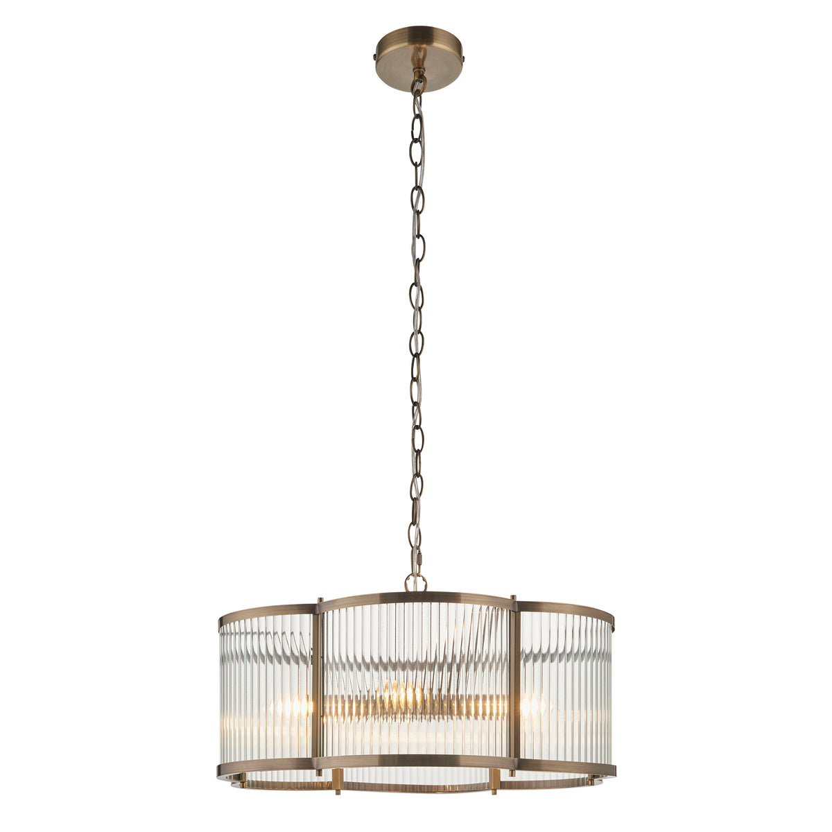 Product shot of the Ridgeton Scallop five light pendant on a plain white background showing the full fixture on its chain.