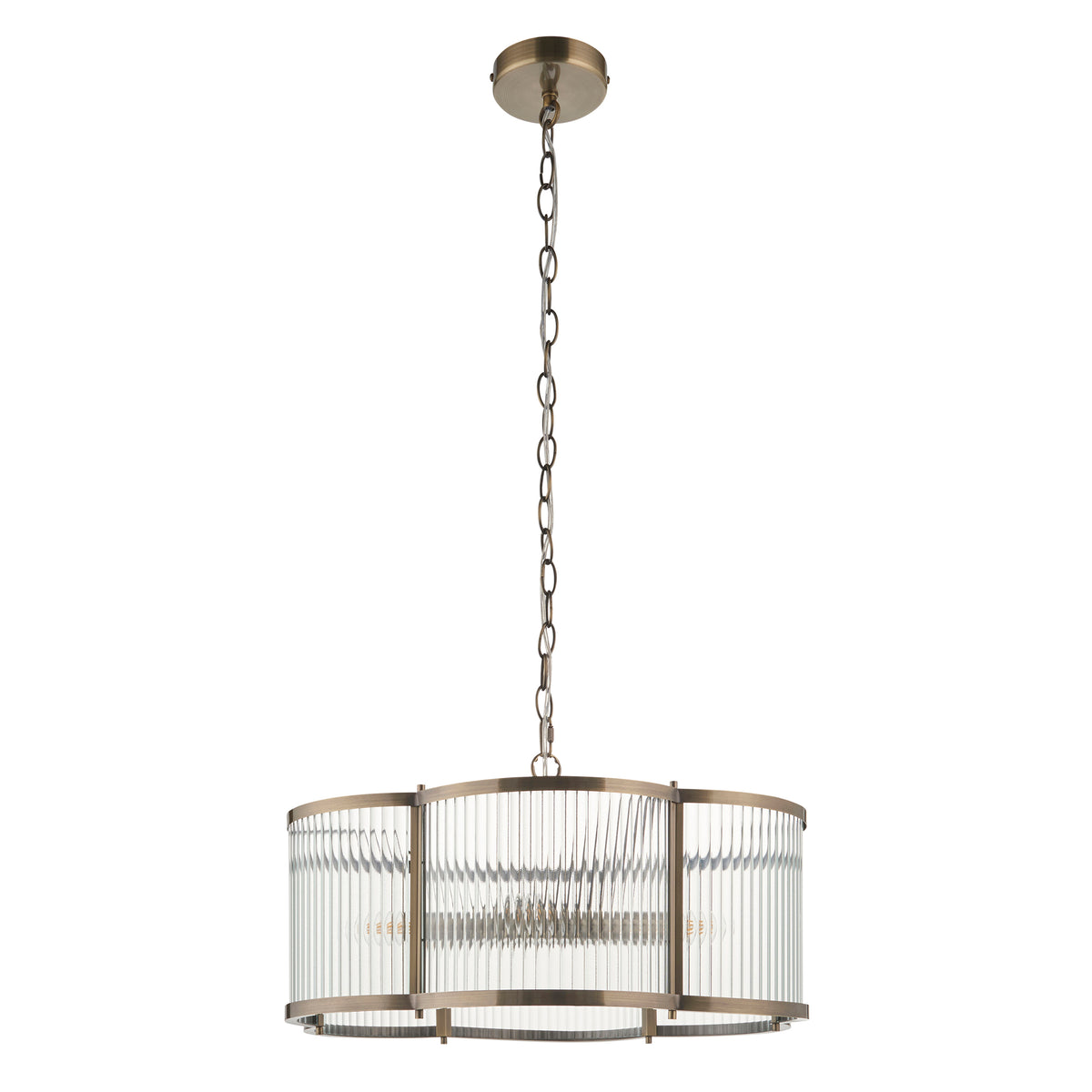 Studio shot of the Ridgeton Scallop five light pendant on a plain white background from a slightly different angle.