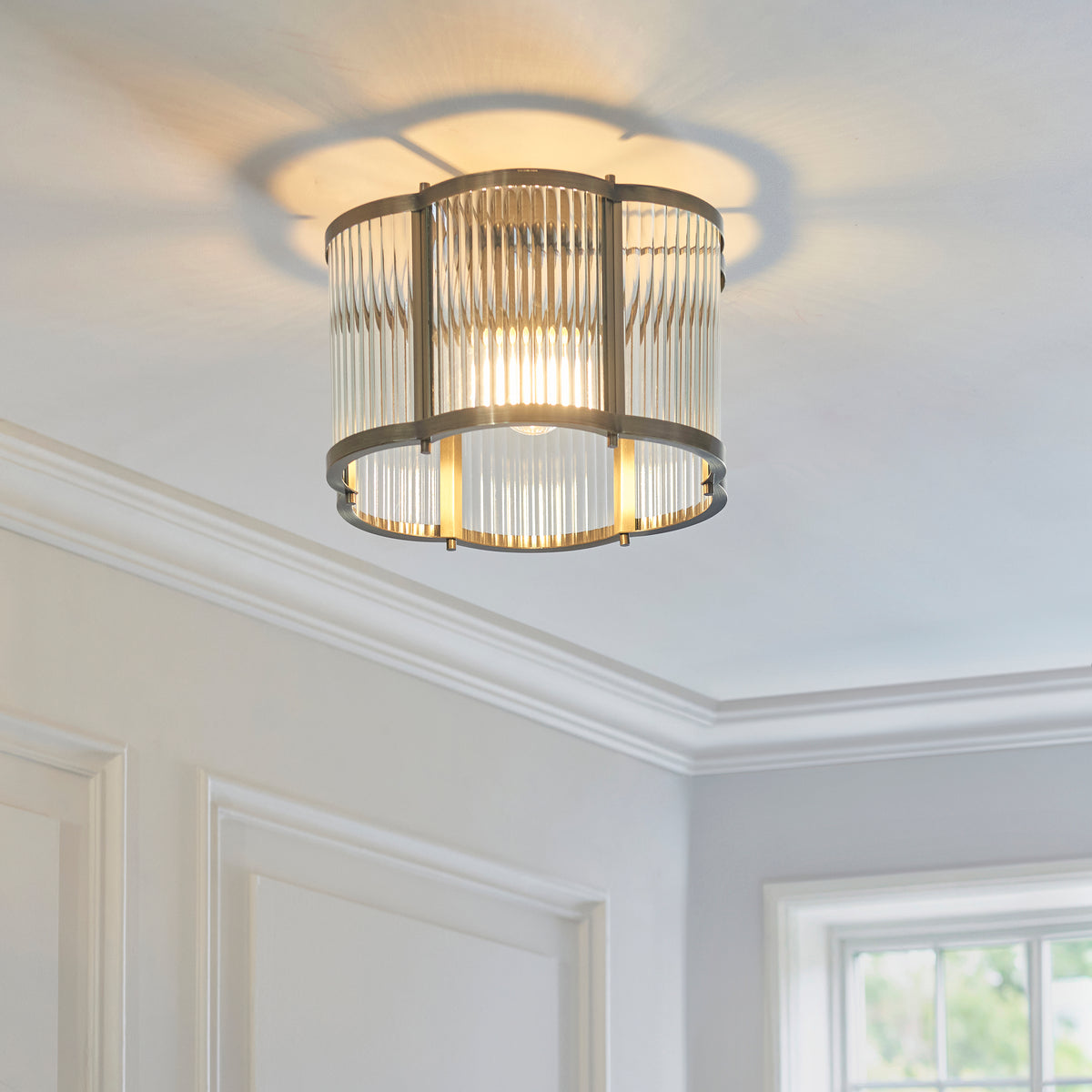 Endon Ridgeton Scallop Flush - Antique Brass Plate & Clear Ribbed Glass