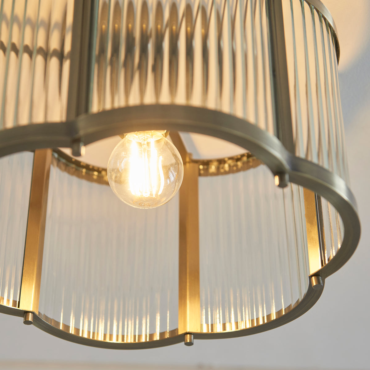 Endon Ridgeton Scallop Flush - Antique Brass Plate & Clear Ribbed Glass