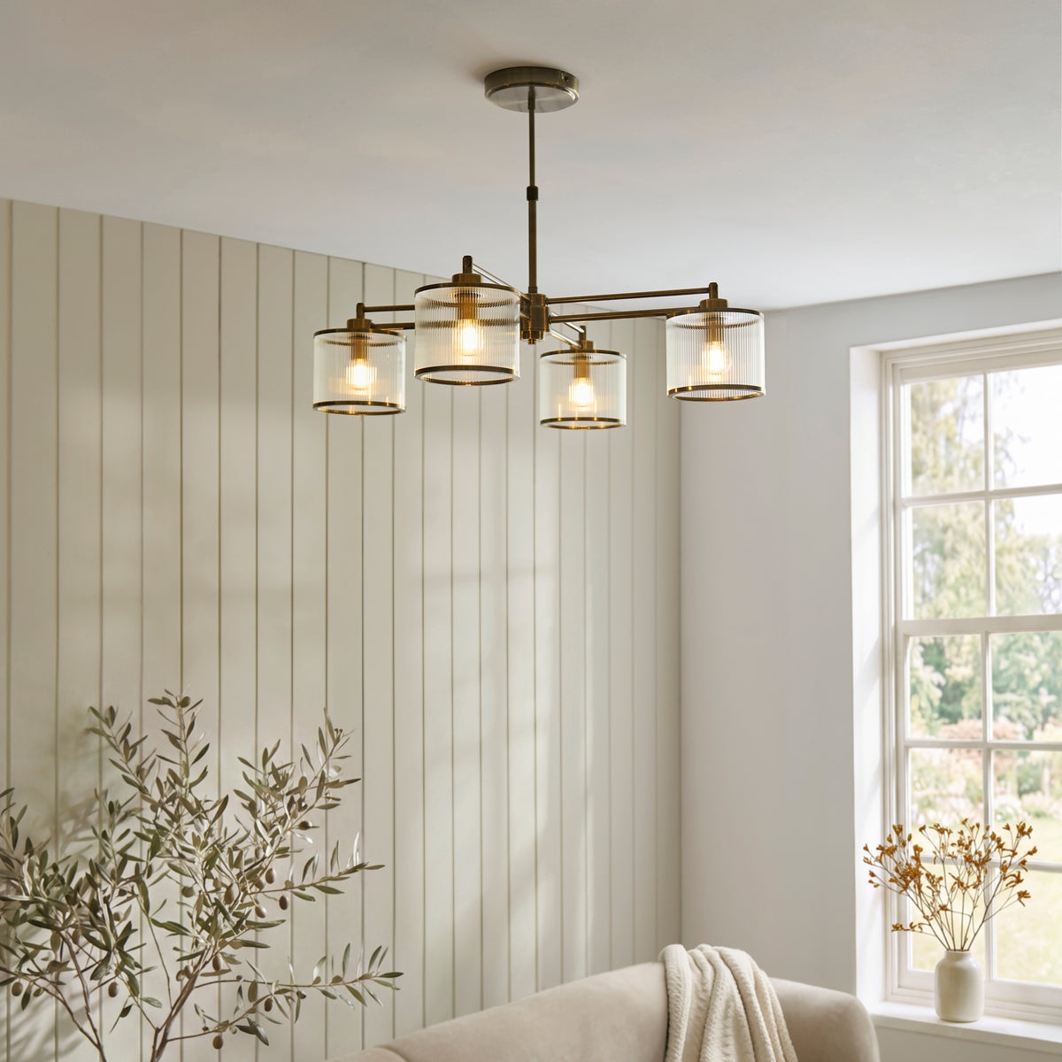 Endon Ridgeton 4 Light Pendant - Antique Brass Plate & Clear Ribbed Glass