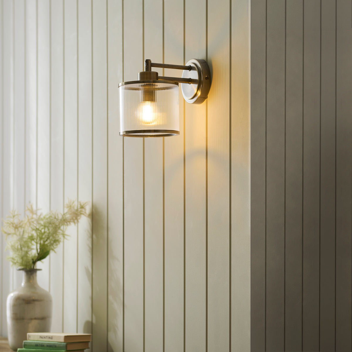 Endon Ridgeton Wall Light - Antique Brass Plate & Clear Ribbed Glass