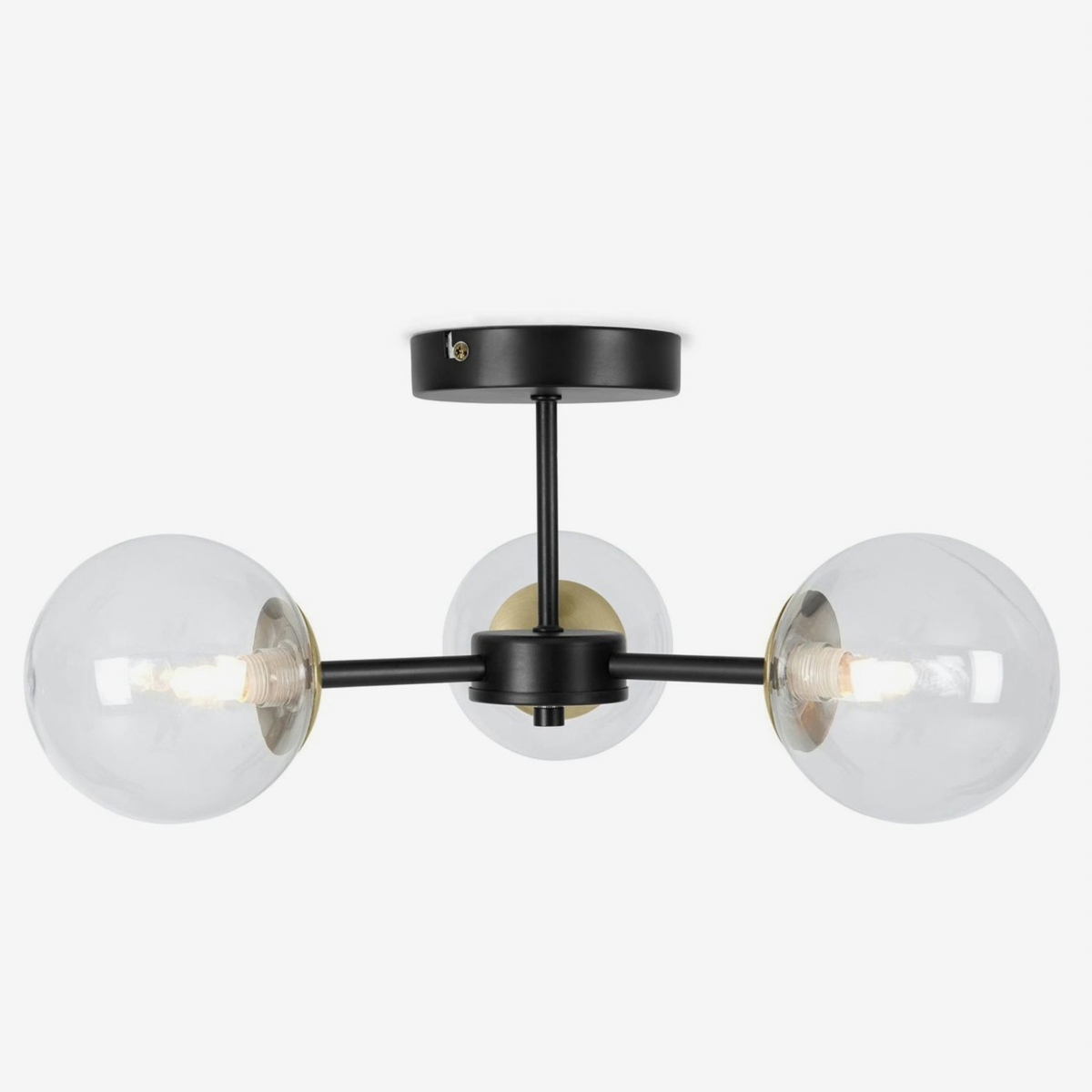MADE Globe 3 light flush ceiling light in matt black with three clear glass globes, studio shot