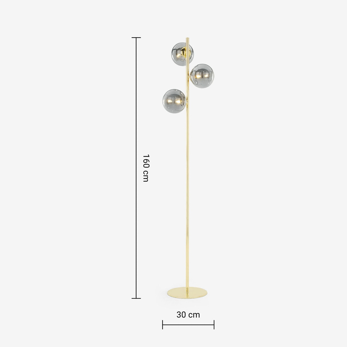 MADE Globe floor lamp in polished brass, dimensions diagram 160 cm tall, 30 cm base
