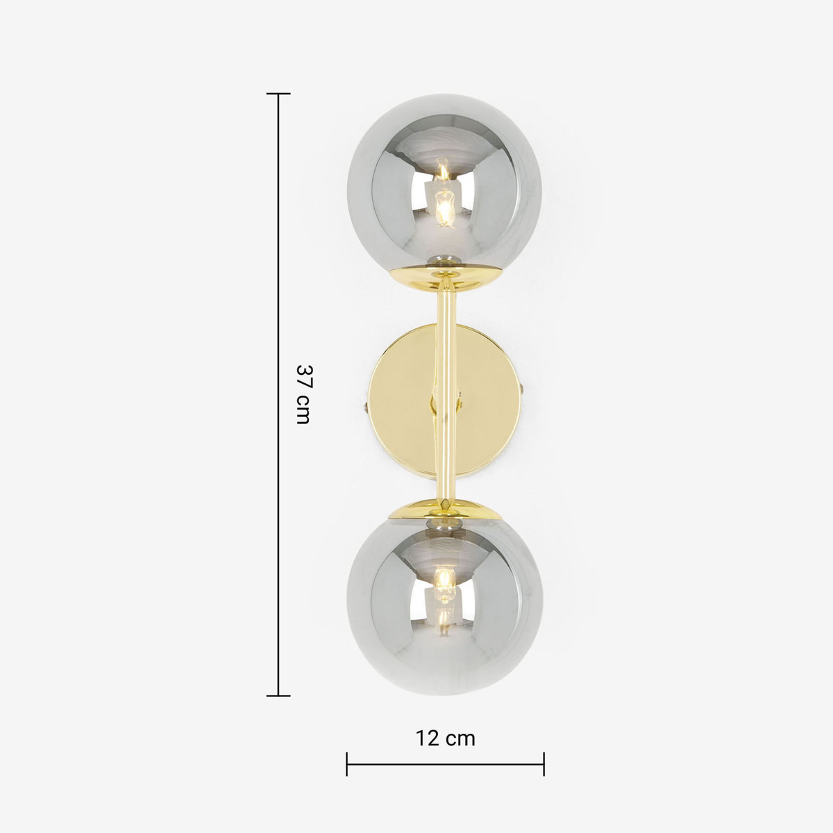 MADE Globe wall light in polished brass with two glass globes, dimensions diagram 37 by 12 cm