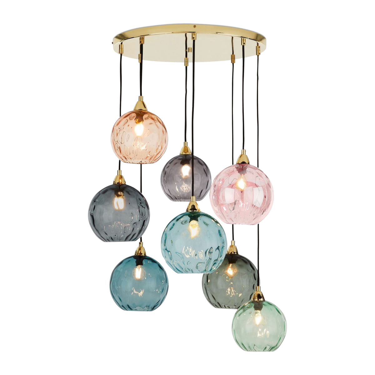 MADE Ilaria 8 light cluster pendant with brass canopy and dimpled glass shades in blue, pink, green and grey, studio shot
