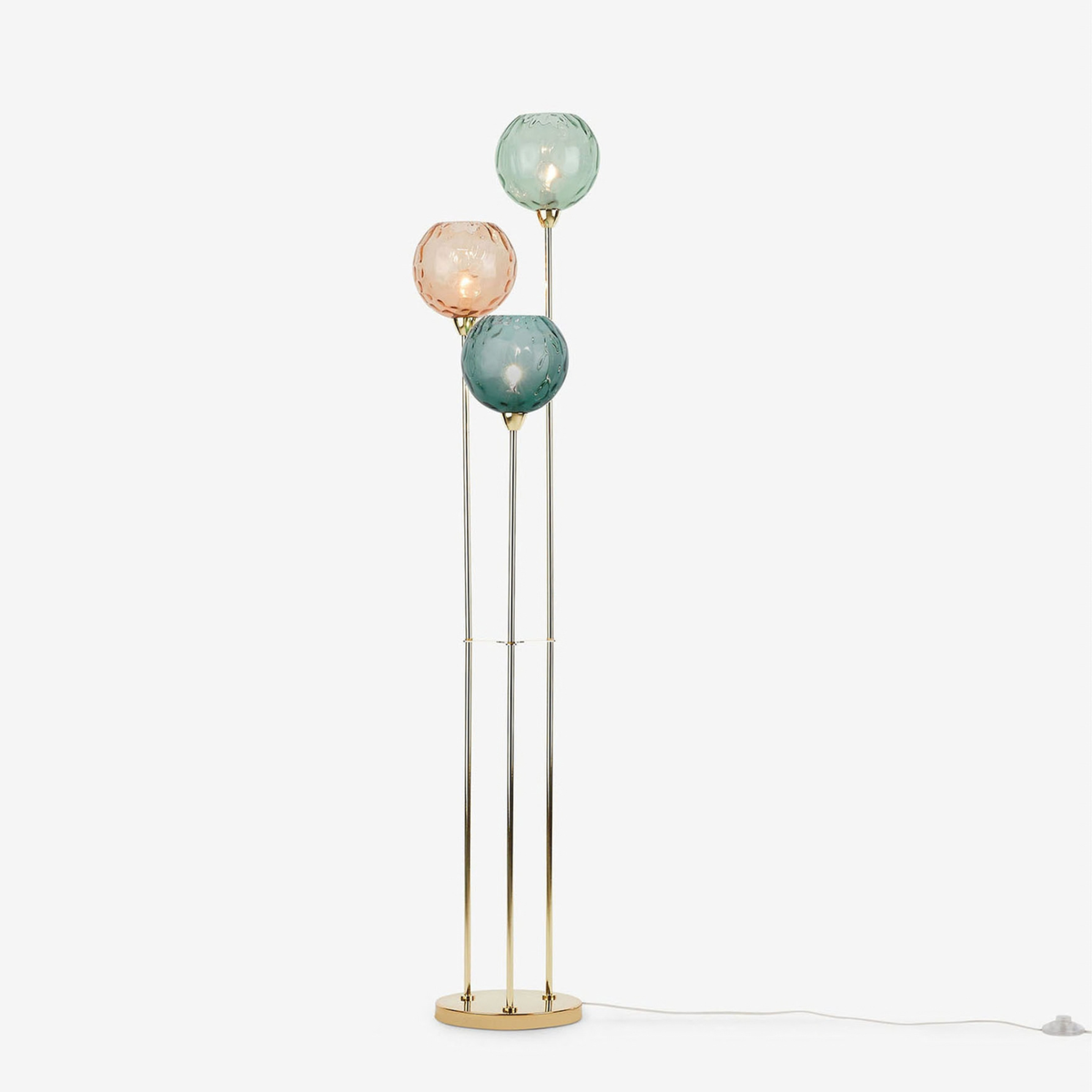 MADE Ilaria floor lamp in polished brass with three dimpled glass shades, studio shot