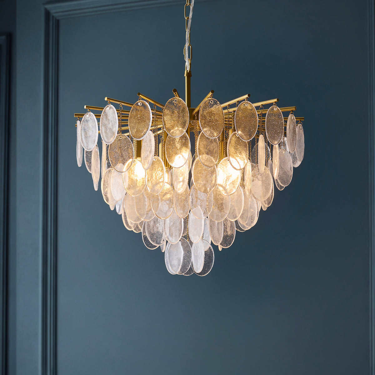 Endon Loretta 5 Light Pendant - Brushed Aged Brass Plate & Clear Bubble Glass