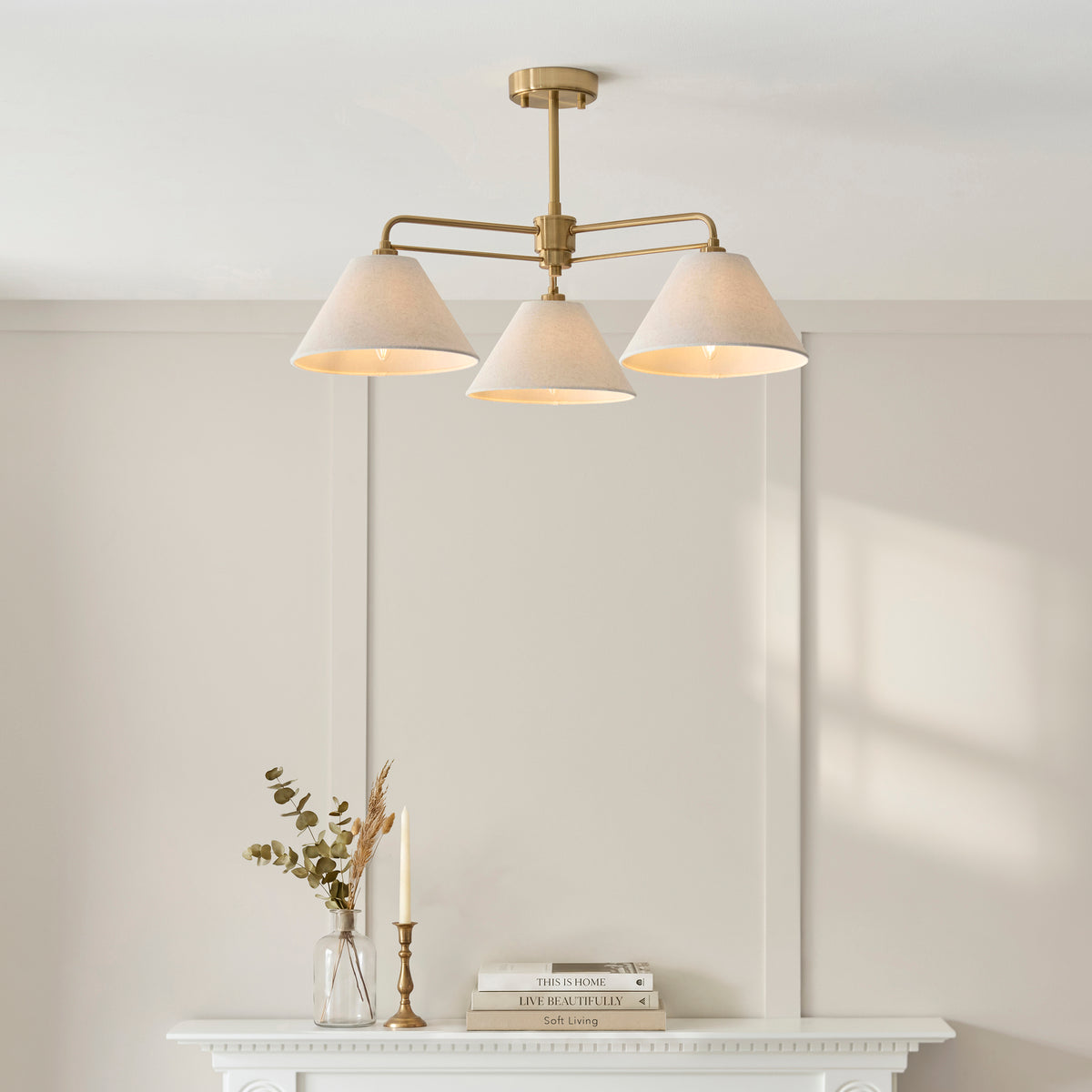 Endon Wallbridge 3 Light Semi Flush - Brushed Aged Brass Plate & Natural Linen