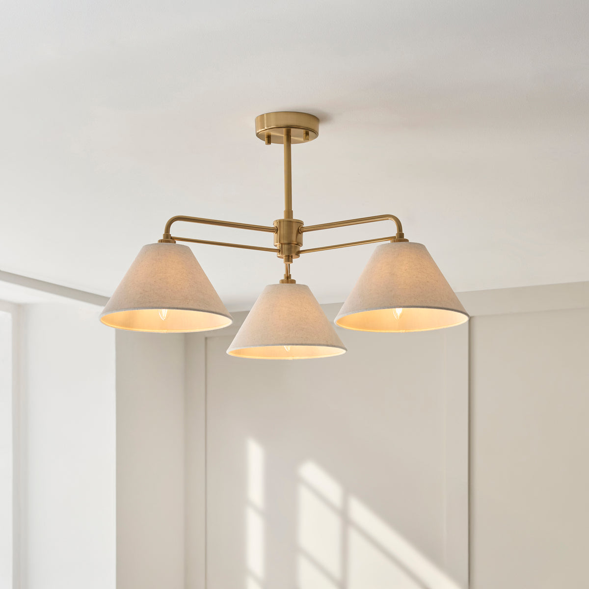 Endon Wallbridge 3 Light Semi Flush - Brushed Aged Brass Plate & Natural Linen