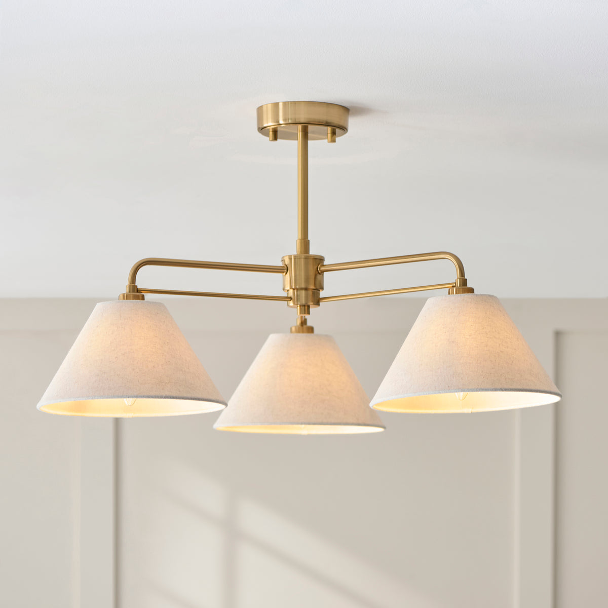 Endon Wallbridge 3 Light Semi Flush - Brushed Aged Brass Plate & Natural Linen