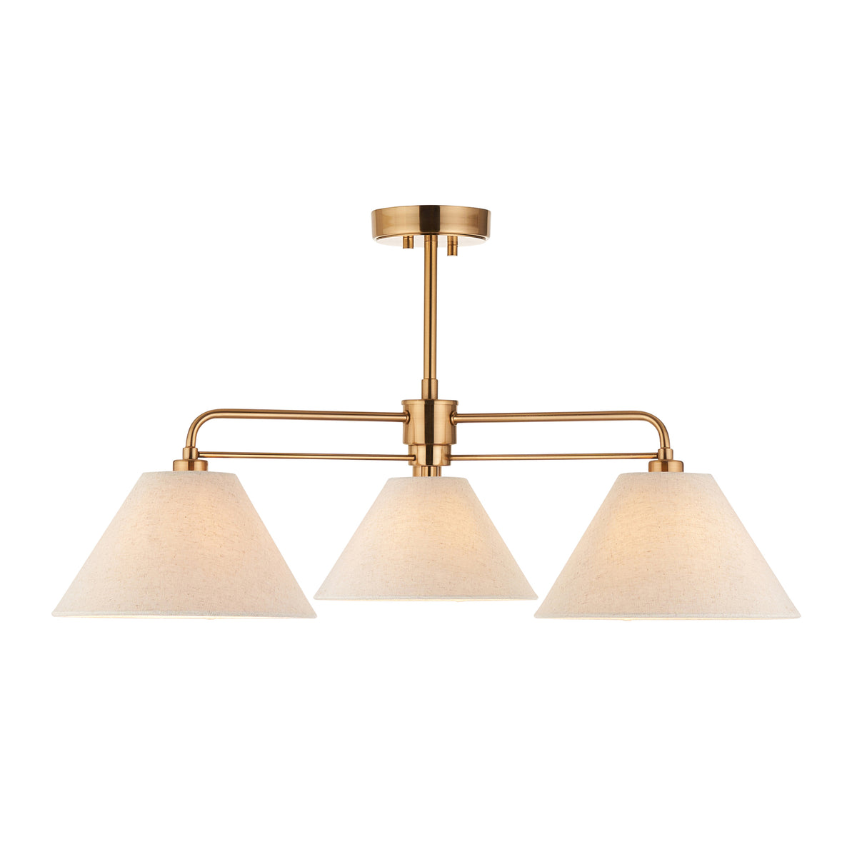 Endon Wallbridge 3 Light Semi Flush - Brushed Aged Brass Plate & Natural Linen