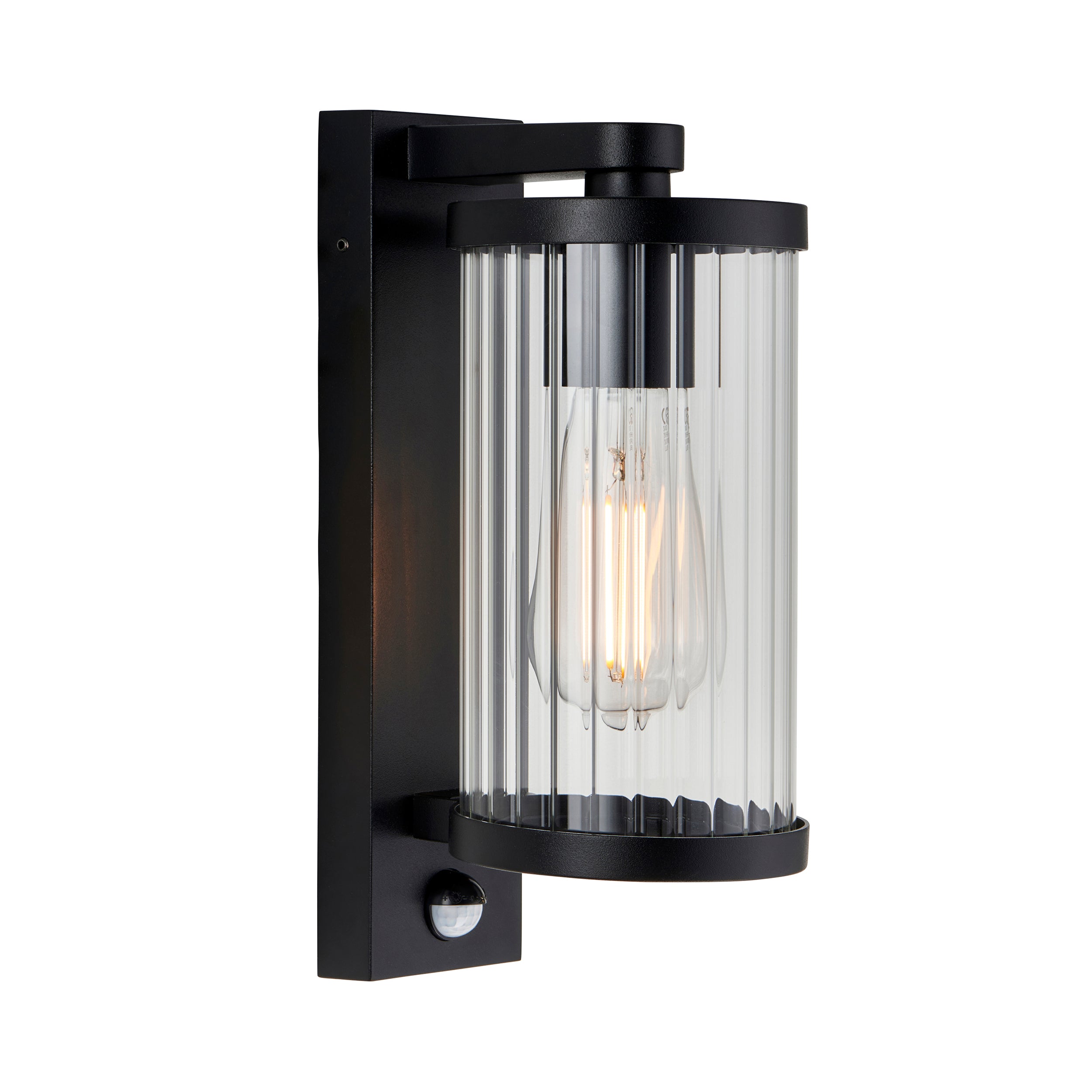 Endon Newcombe Pir Wall Light - Matt Black & Clear Ribbed Glass