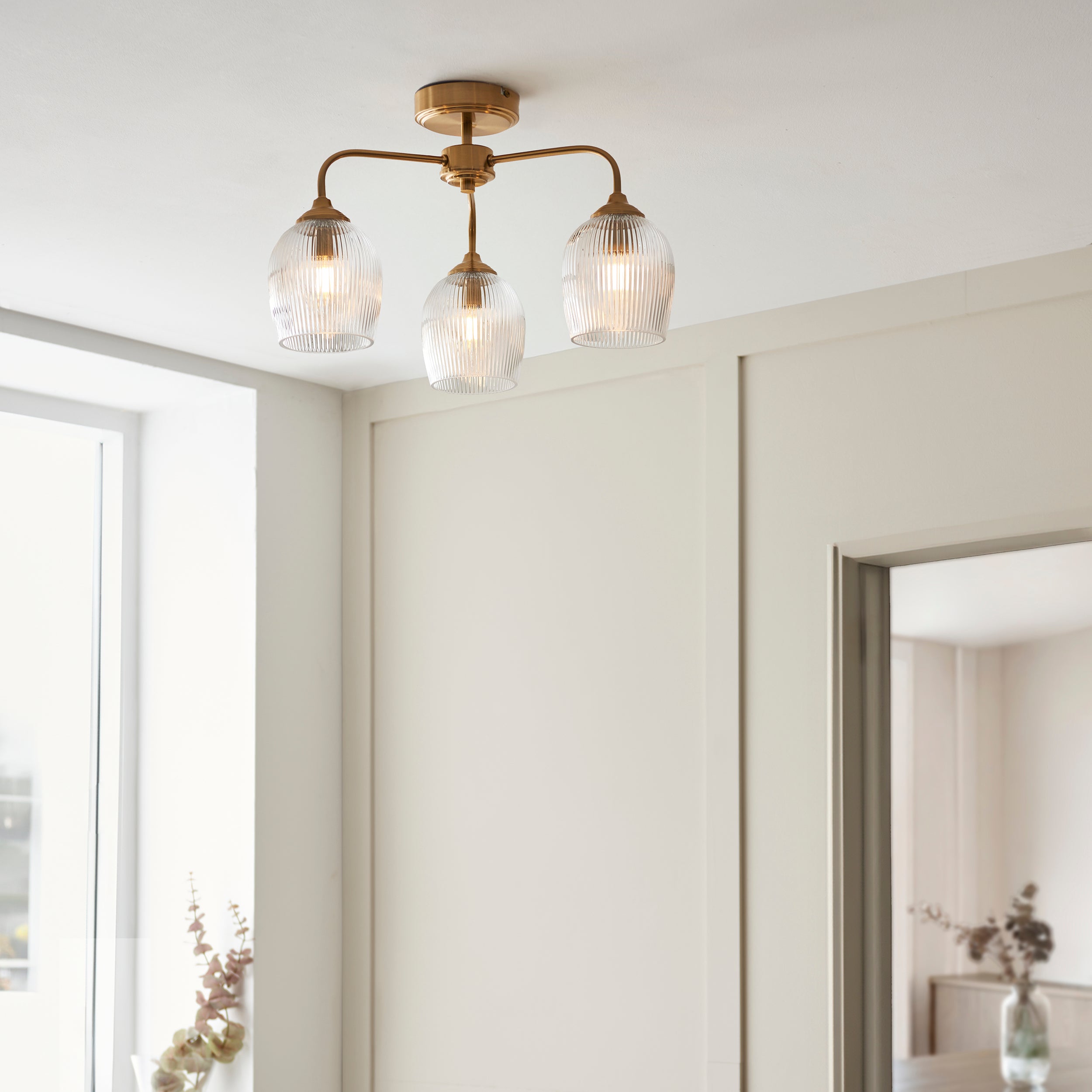 Endon Ashcroft Ribbed 3 Light Semi Flush Ceiling Light - Brushed Aged Brass Plate & Clear Ribbed Glass