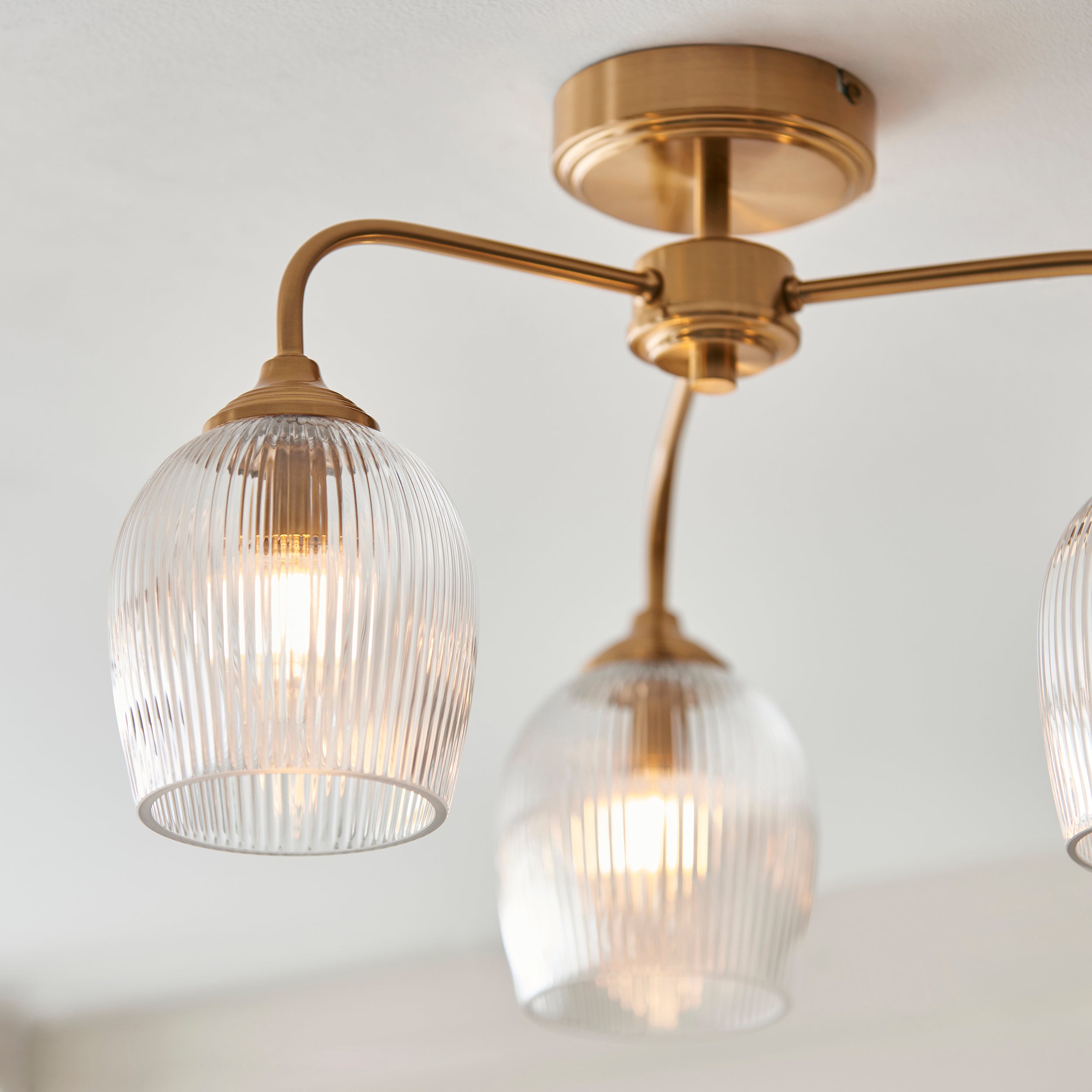 Endon Ashcroft Ribbed 3 Light Semi Flush Ceiling Light - Brushed Aged Brass Plate & Clear Ribbed Glass
