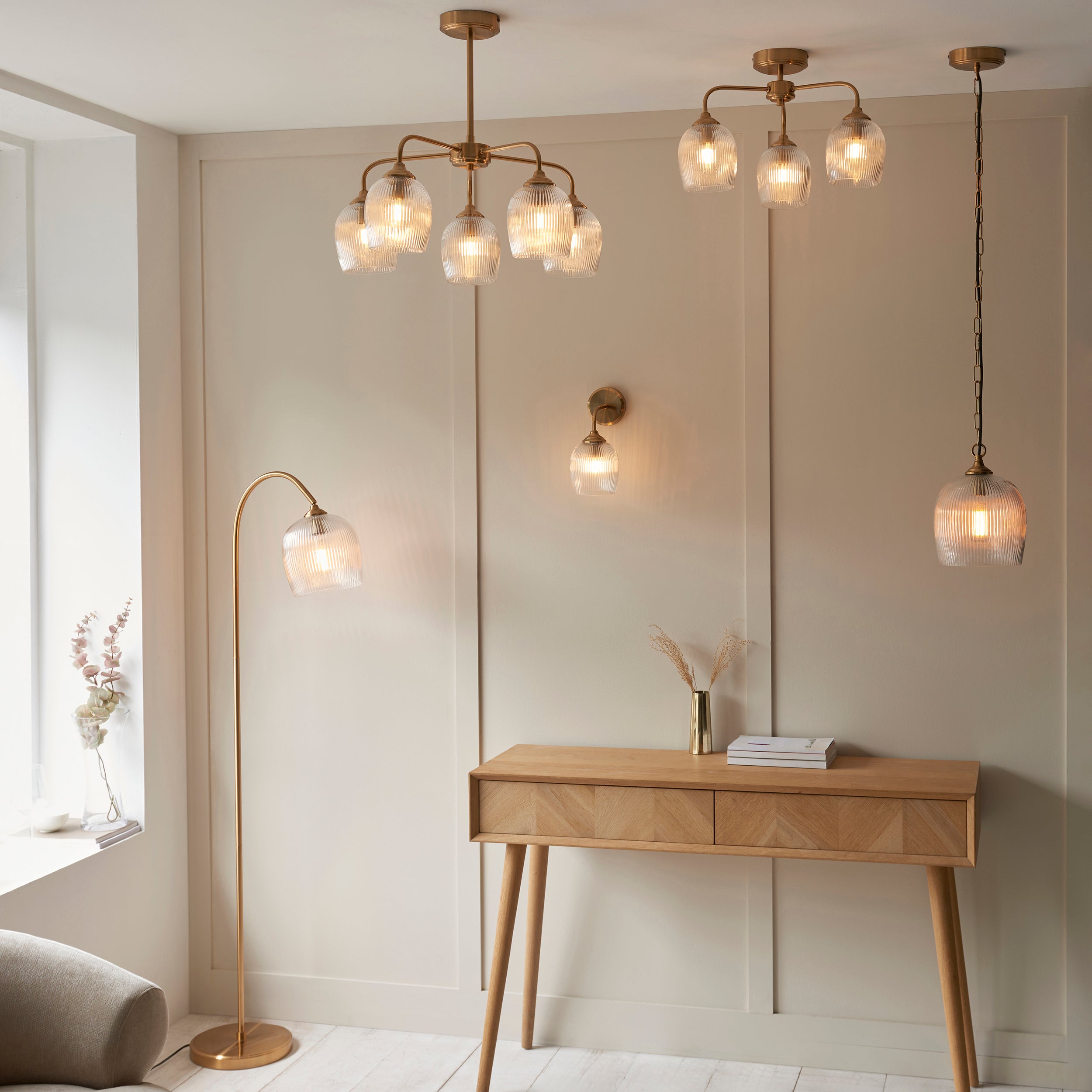 Endon Ashcroft Ribbed Pendant - Brushed Aged Brass Plate & Clear Ribbed Glass