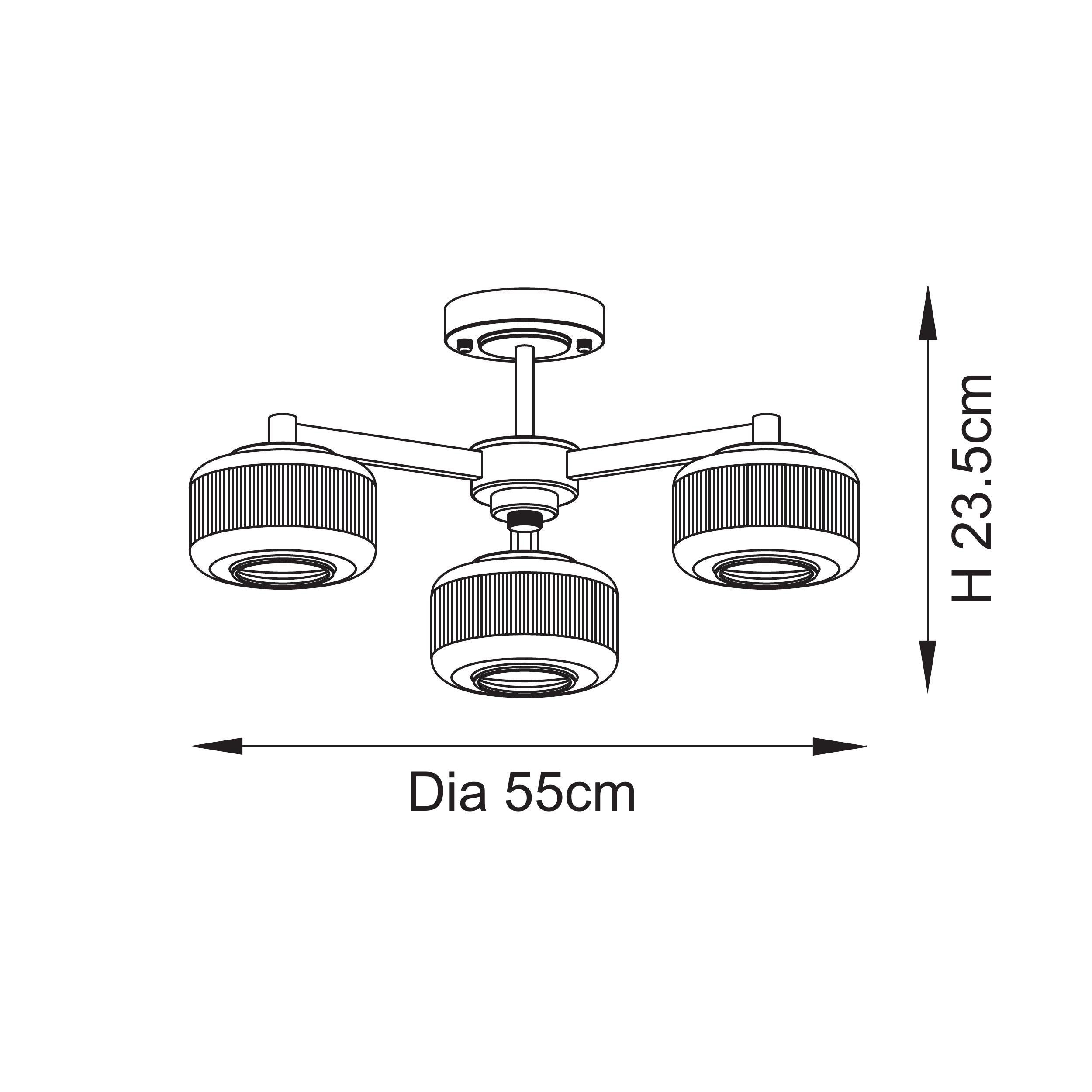 Endon Stamford 3 Light Semi Flush Ceiling Light - Brushed Aged Brass Plate & Clear Ribbed Glass