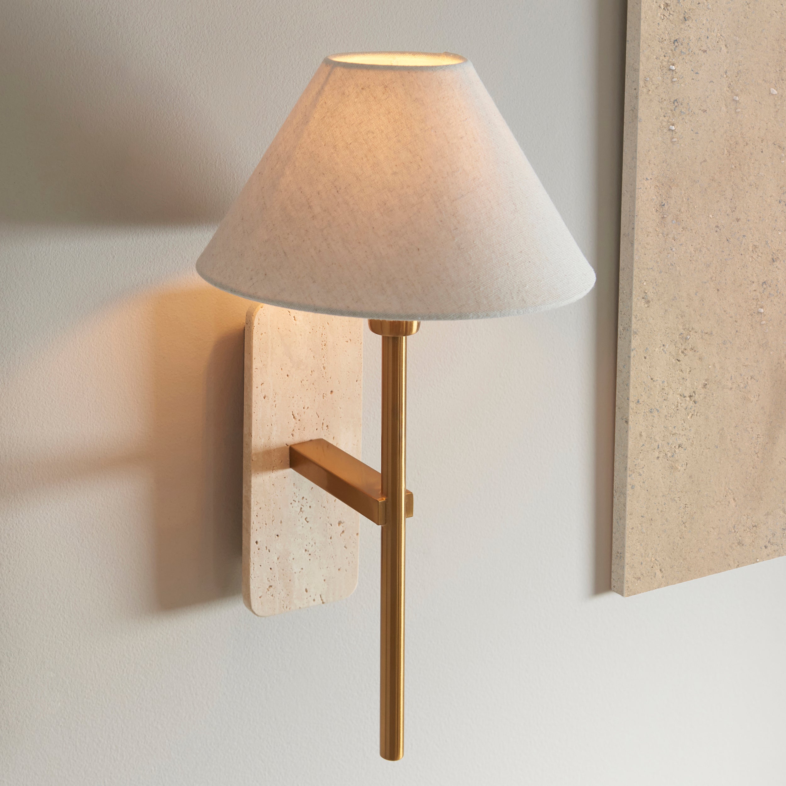 Endon Faro Wall Light - Natural Travertine & Vintage Brass With Natural Linen