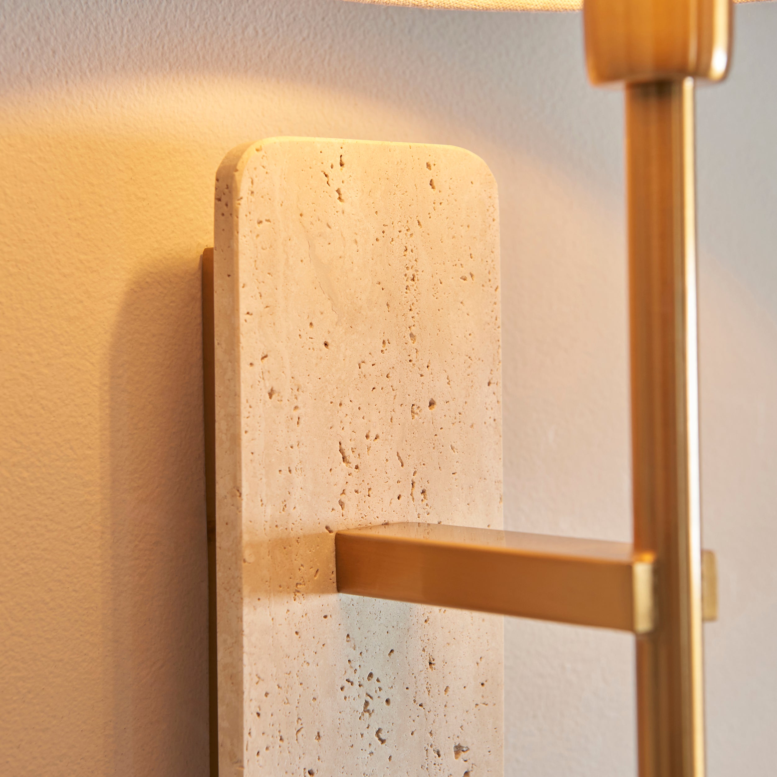 Endon Faro Wall Light - Natural Travertine & Vintage Brass With Natural Linen