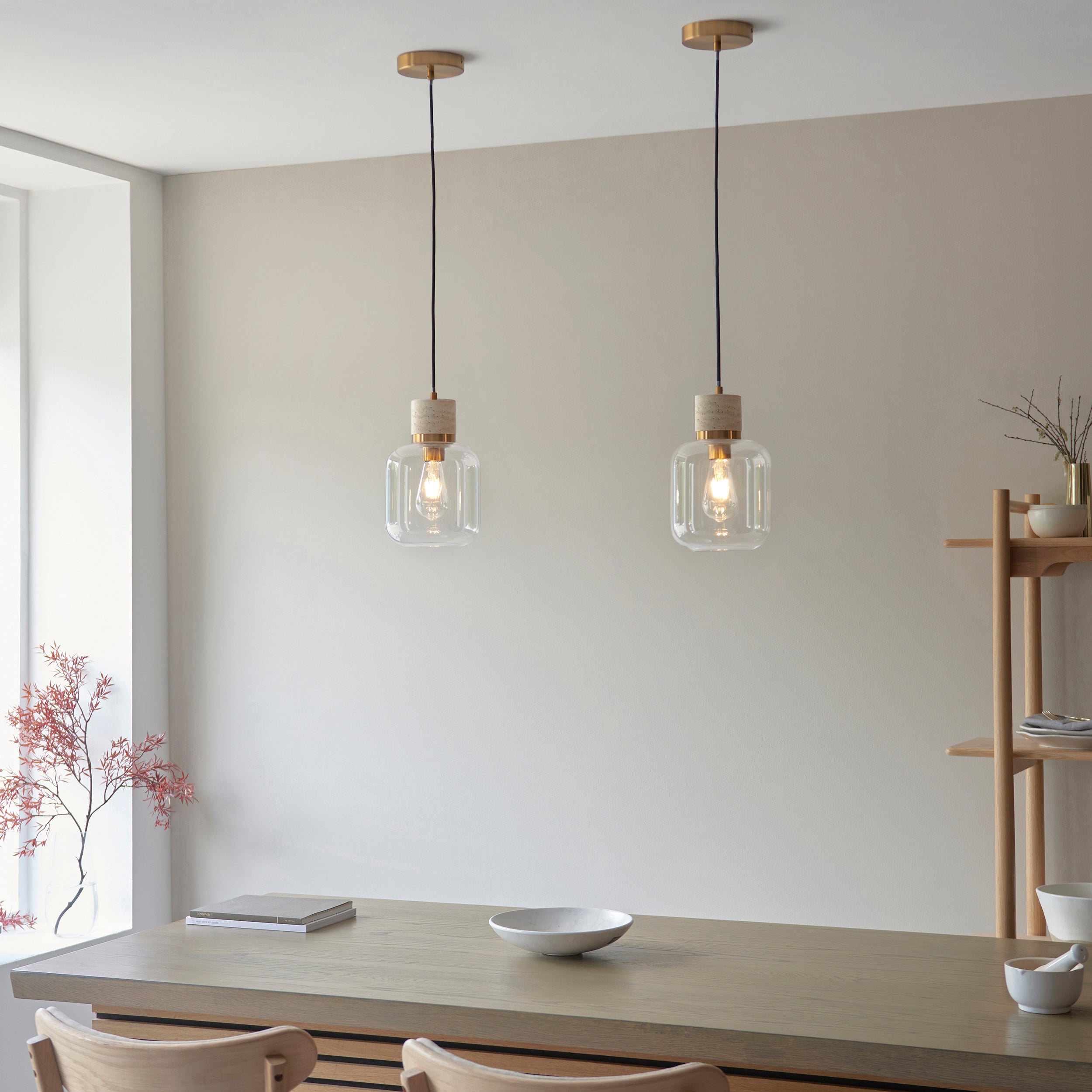 Endon Travi Pendant - Natural Travertine, Vintage Brass & Clear Glass