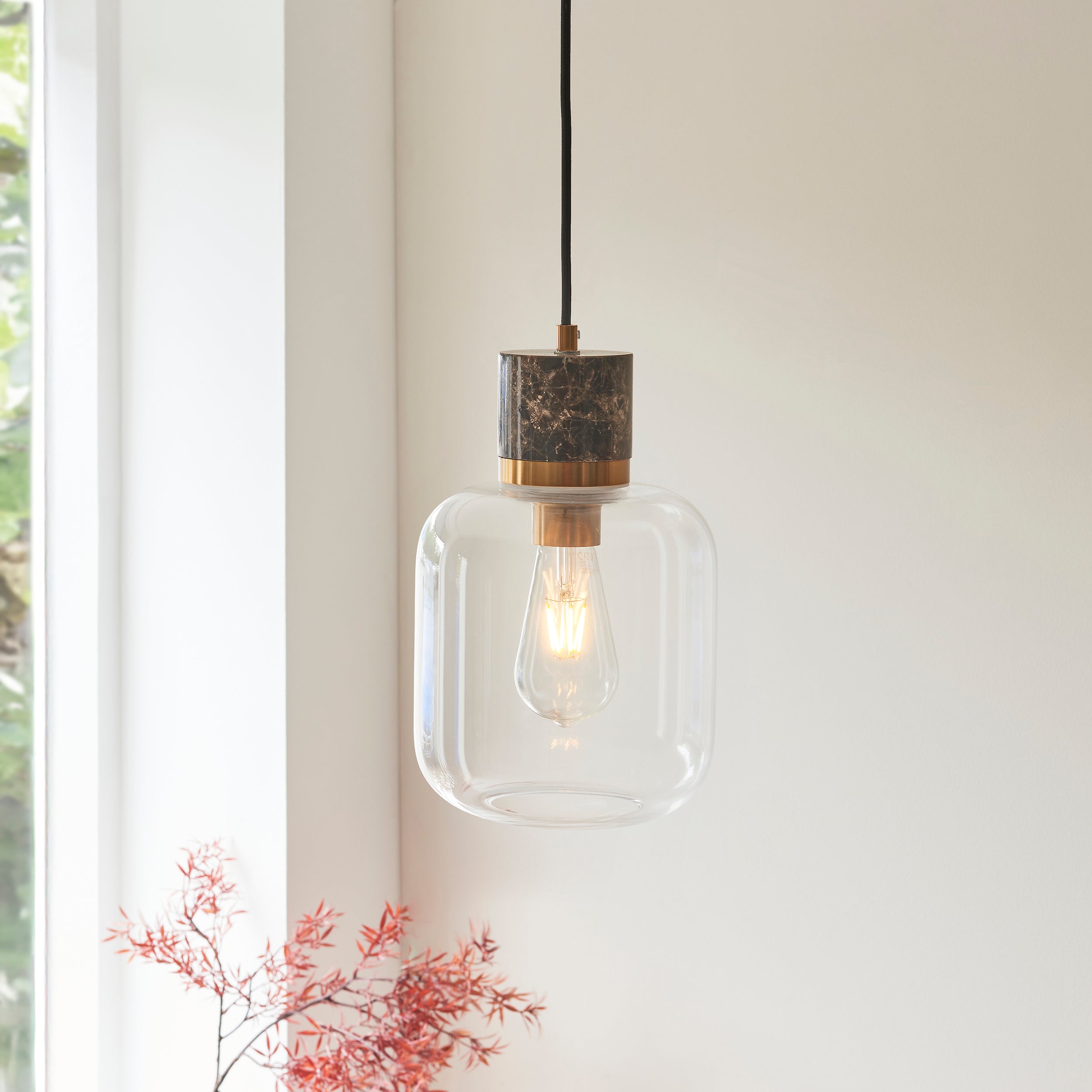 Endon Travi Pendant - Dark Brown Emperador Marble, Vintage Brass & Clear Glass