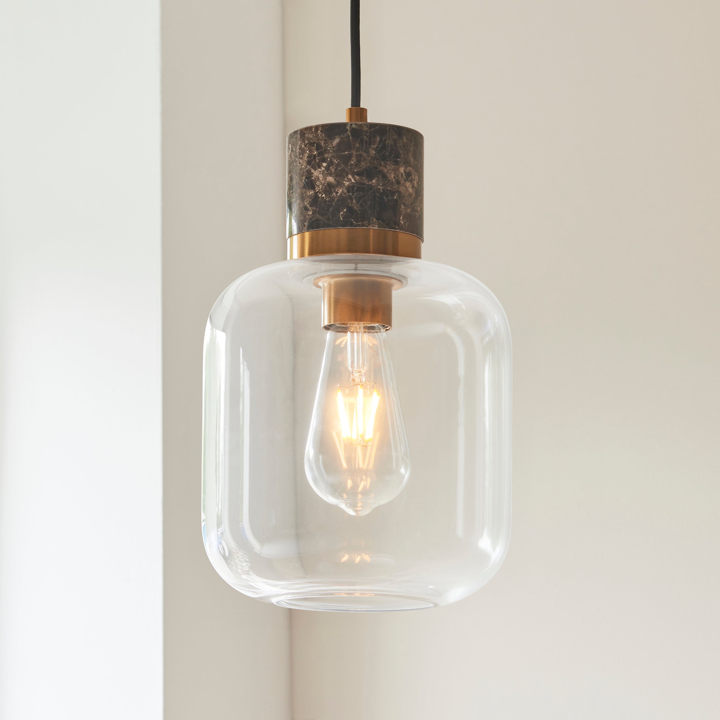Endon Travi Pendant - Dark Brown Emperador Marble, Vintage Brass & Clear Glass