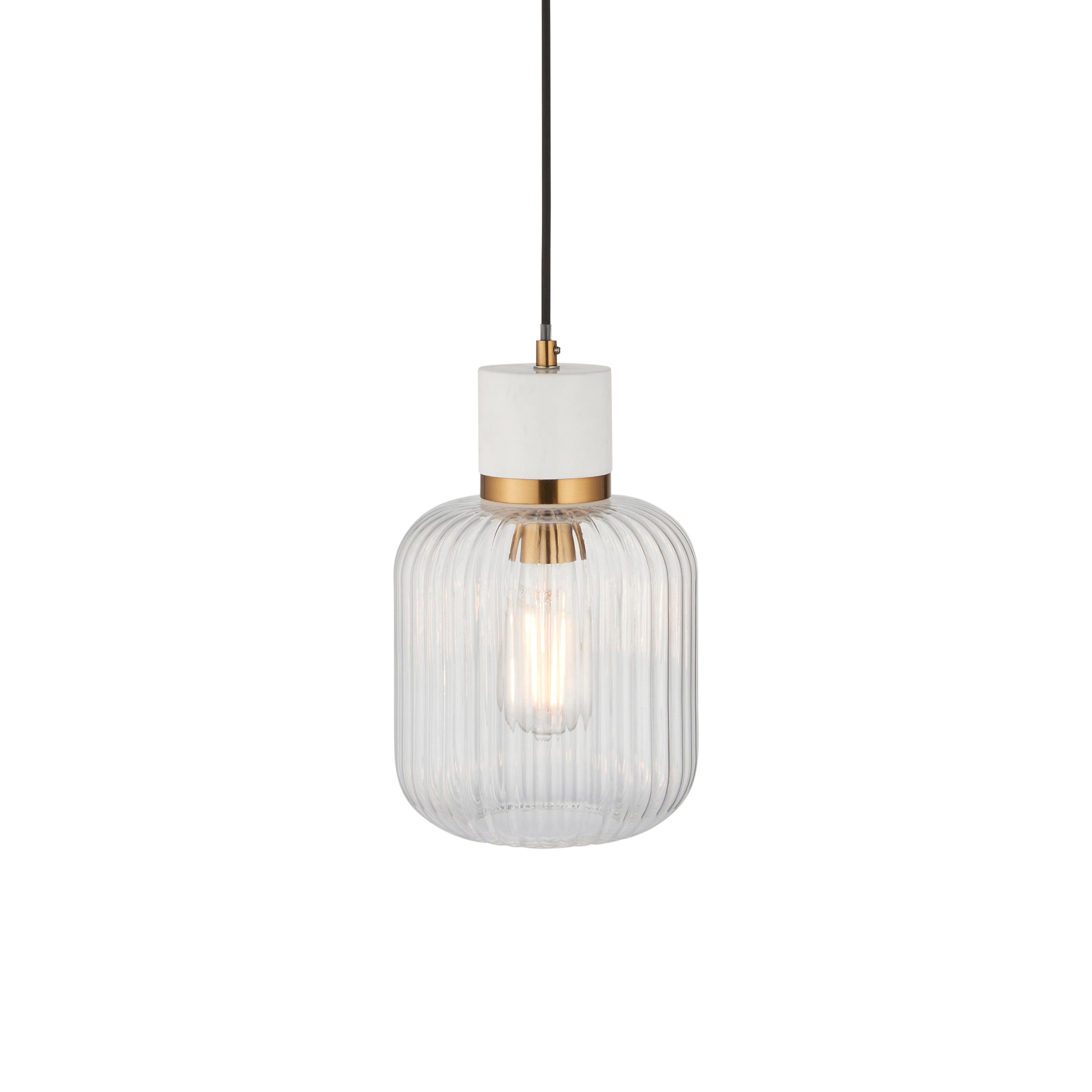 Endon Travi Ribbed Pendant - White Volakas Marble, Vintage Brass & Clear Ribbed Glass