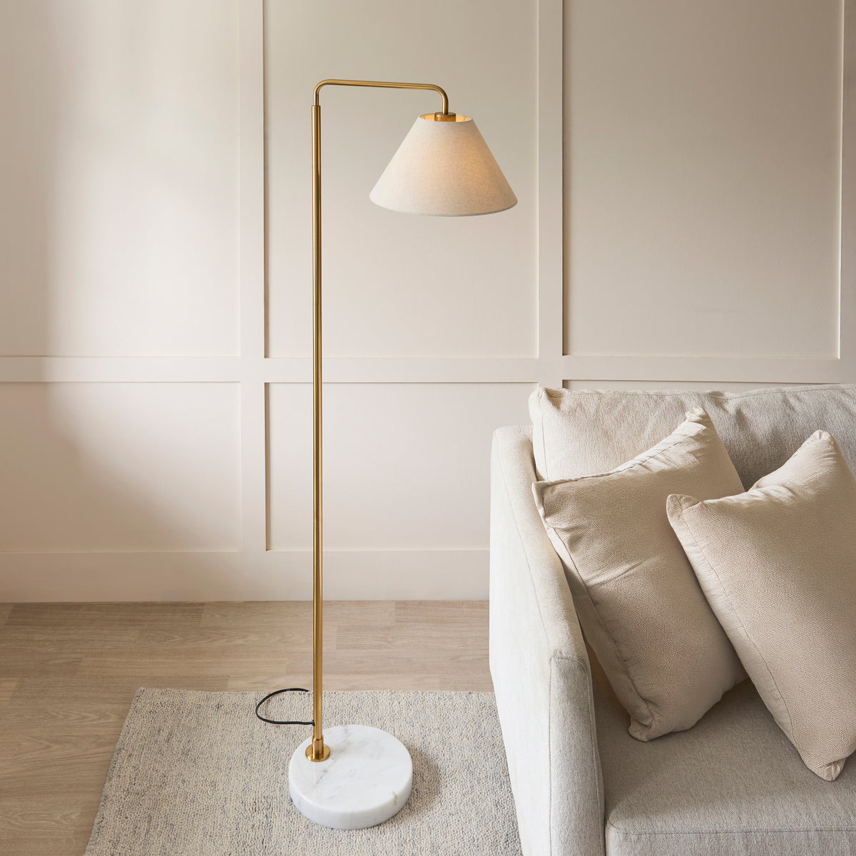 Endon Wallbridge Floor Light - Brushed Aged Brass Plate, White Marble & Natural Faux Linen