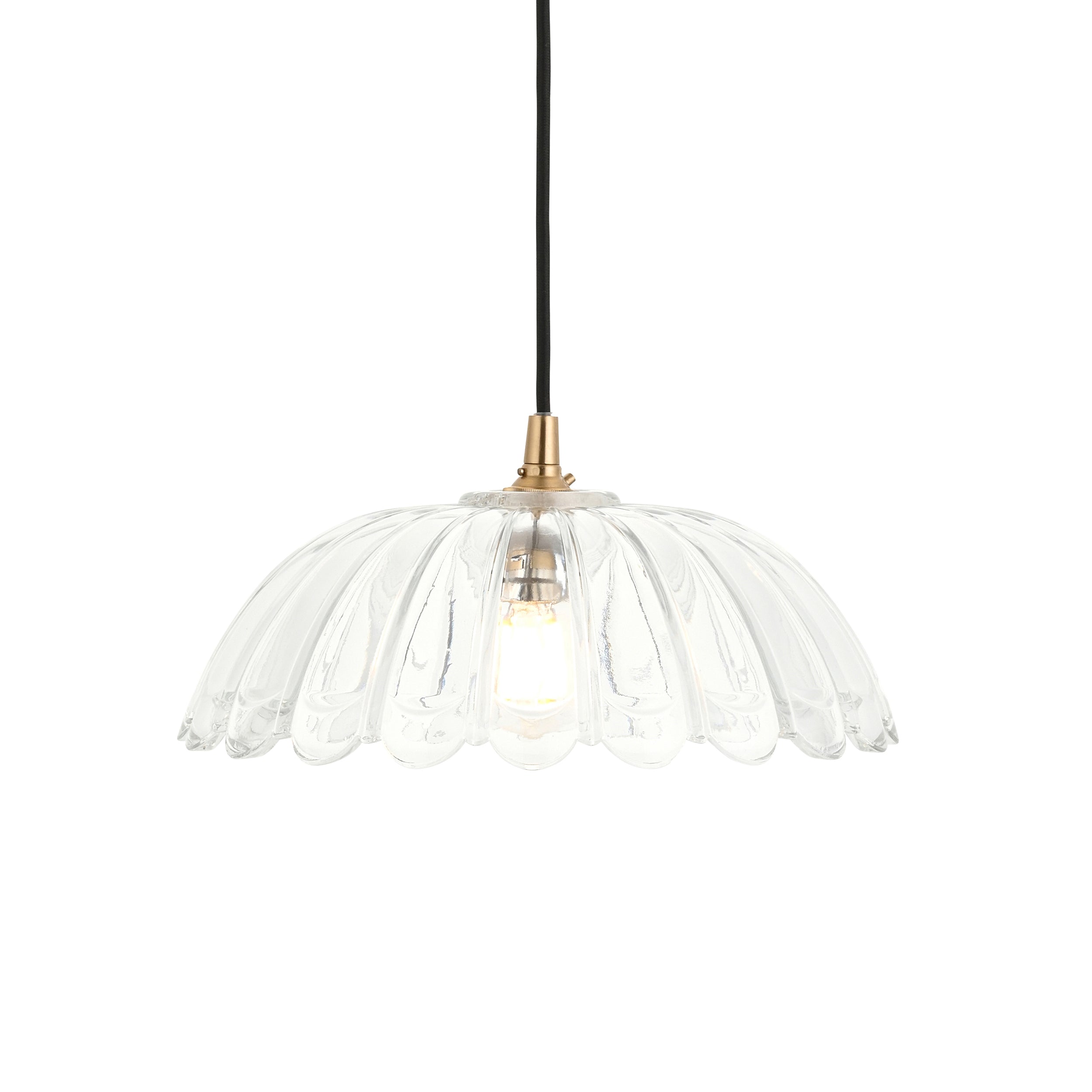 Endon Eltham & Carnation Pendant - Clear Glass & Brushed Aged Brass With Black Braided Cable