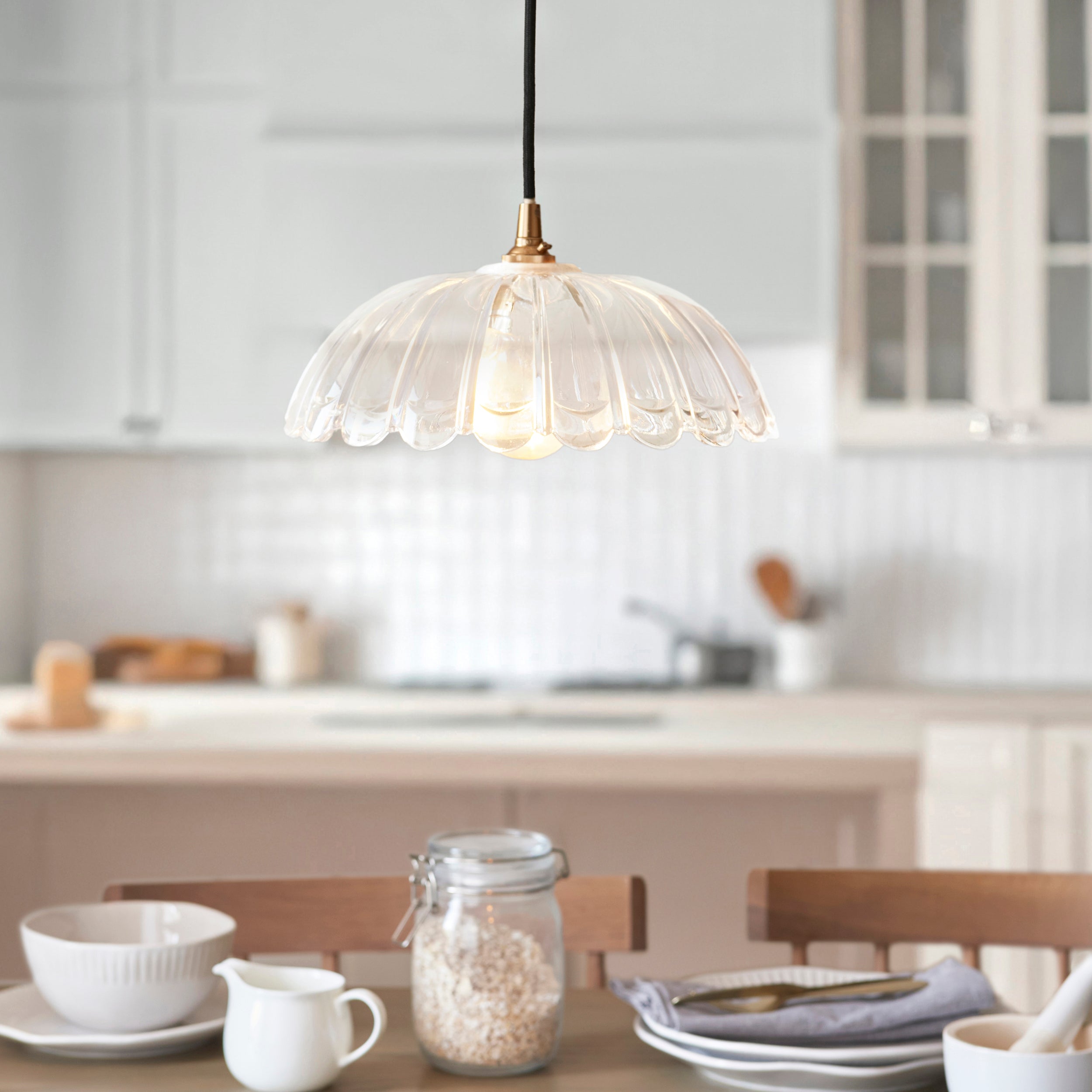 Endon Eltham & Carnation Pendant - Clear Glass & Brushed Aged Brass With Black Braided Cable