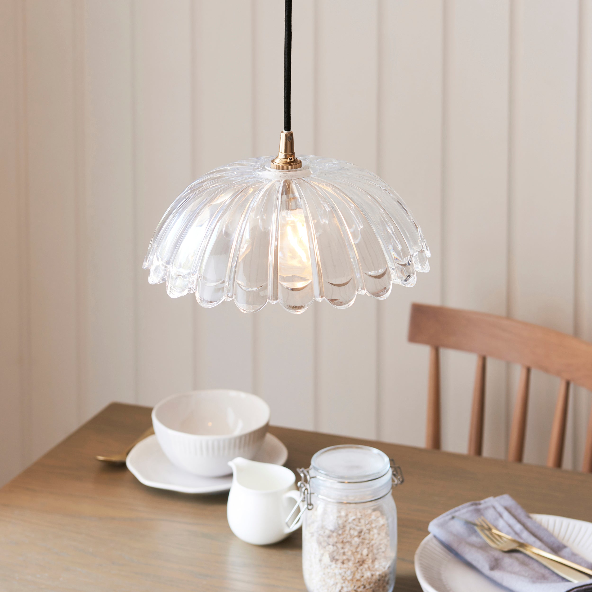 Endon Eltham & Carnation Pendant - Clear Glass & Brushed Aged Brass With Black Braided Cable