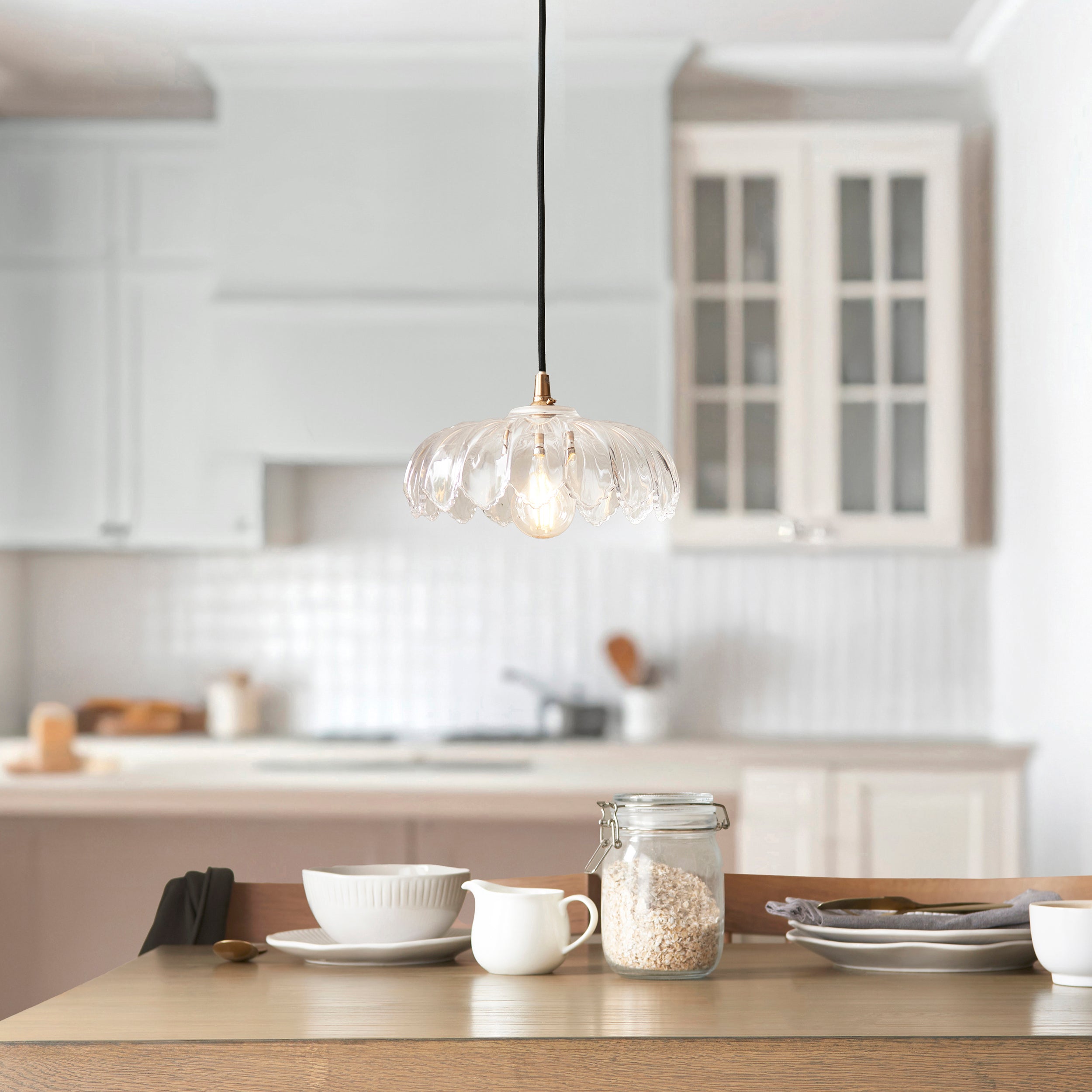 Endon Eltham & Camellia Pendant - Clear Glass, Brushed Aged Brass Plate & Black Braided Flex