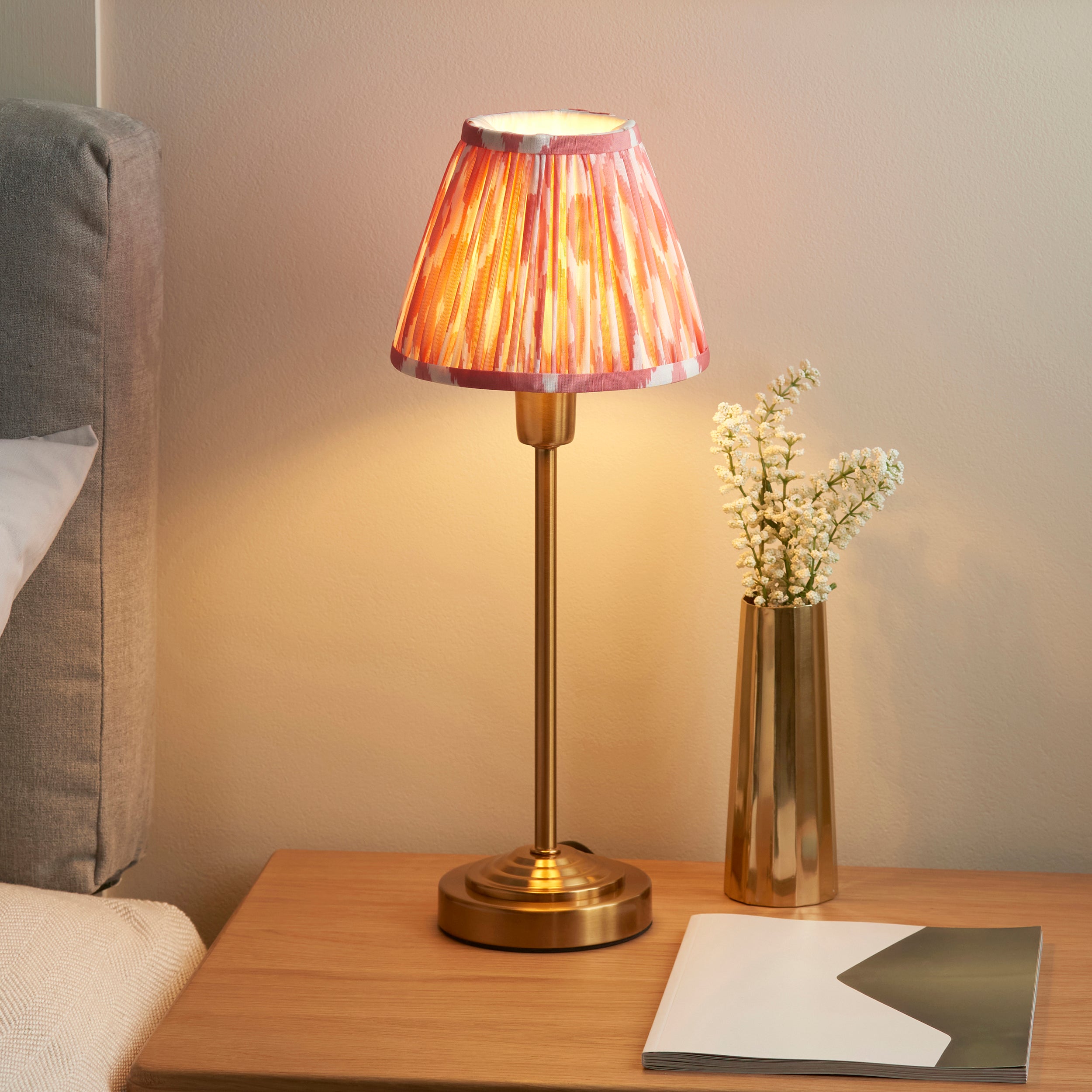 Endon Rise & Ikat 16cm Table Lamp - Vintage Brass Finish & Coral Pink Fabric