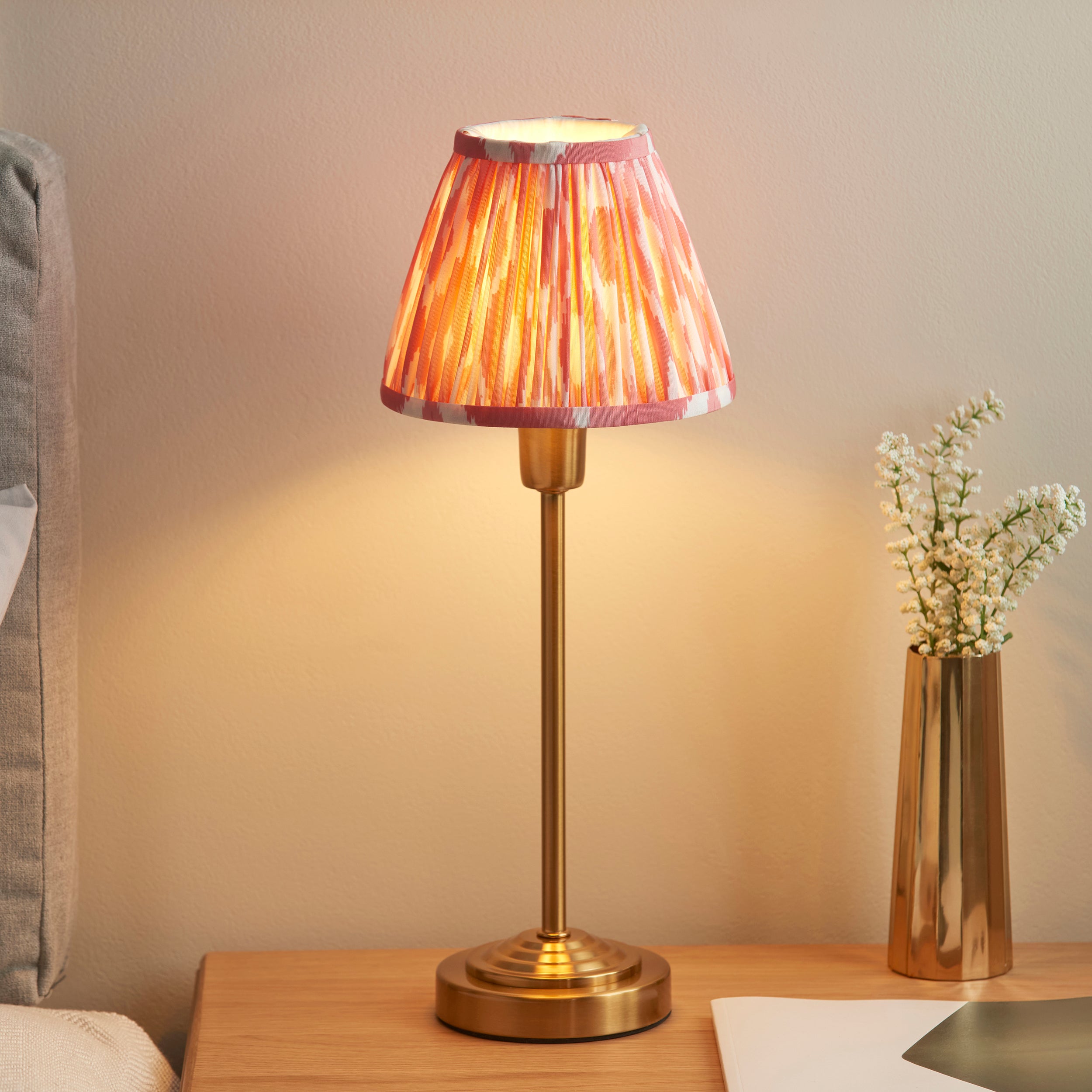 Endon Rise & Ikat 16cm Table Lamp - Vintage Brass Finish & Coral Pink Fabric