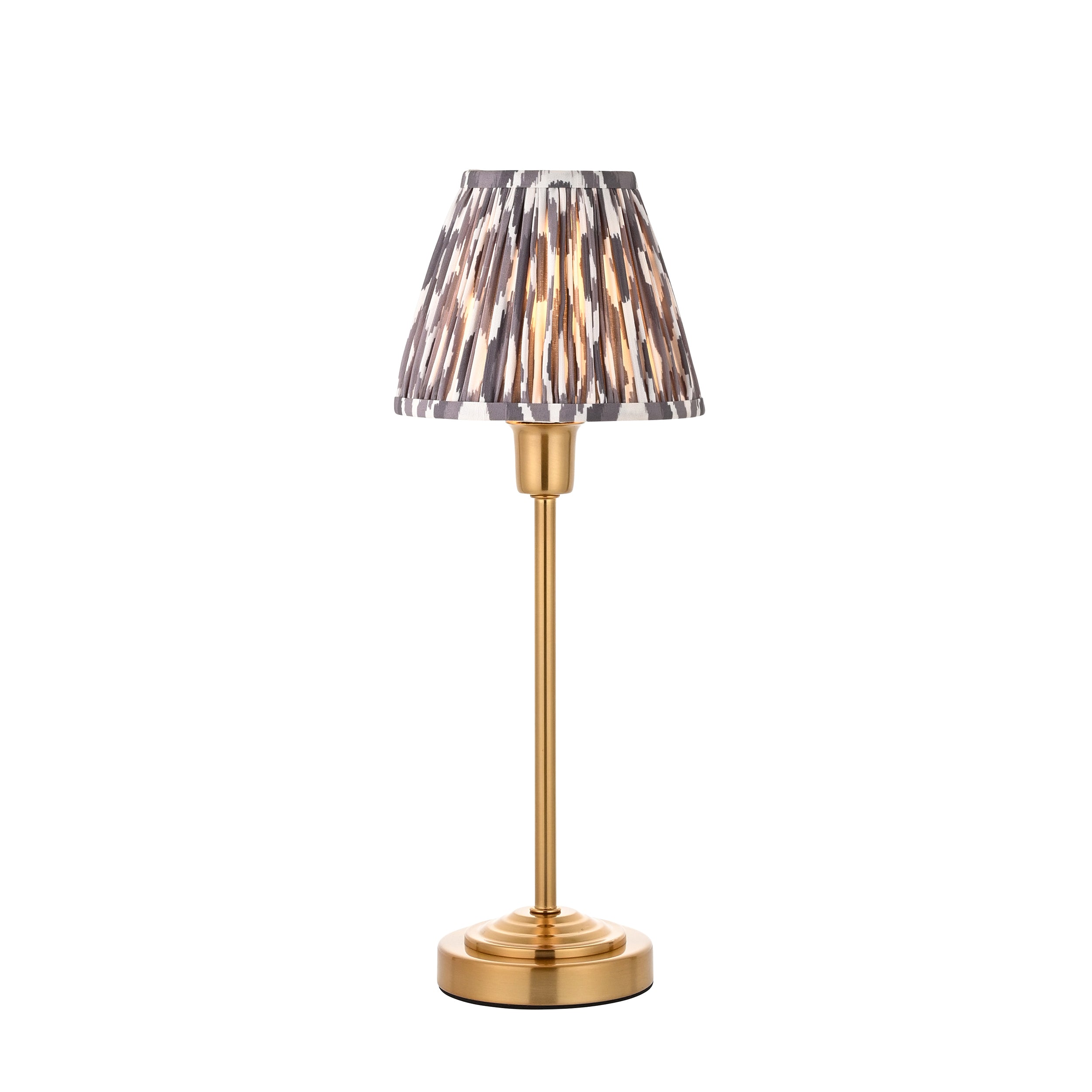 Endon Rise & Ikat 16cm Table Lamp - Vintage Brass Finish & Pearl Grey Fabric