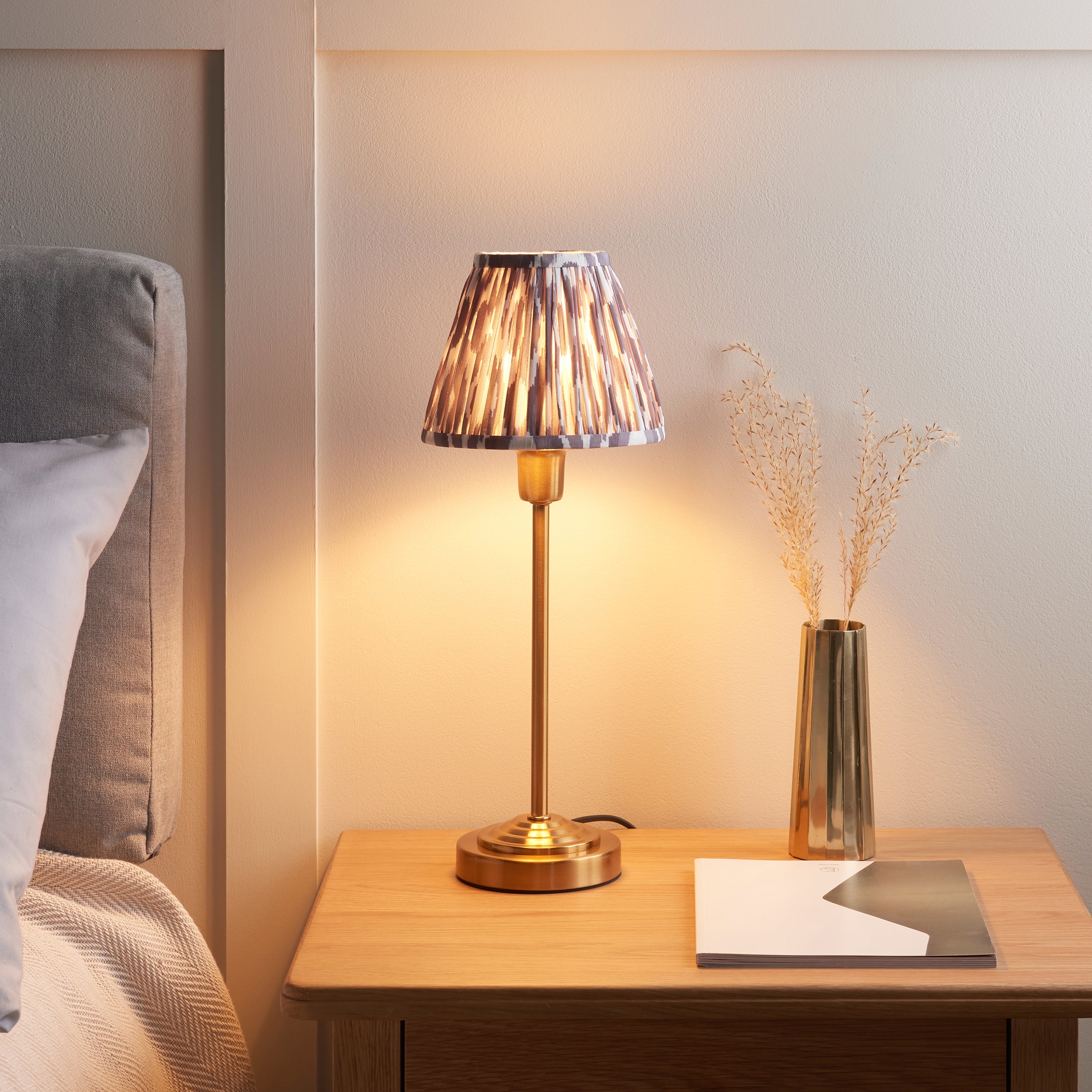 Endon Rise & Ikat 16cm Table Lamp - Vintage Brass Finish & Pearl Grey Fabric