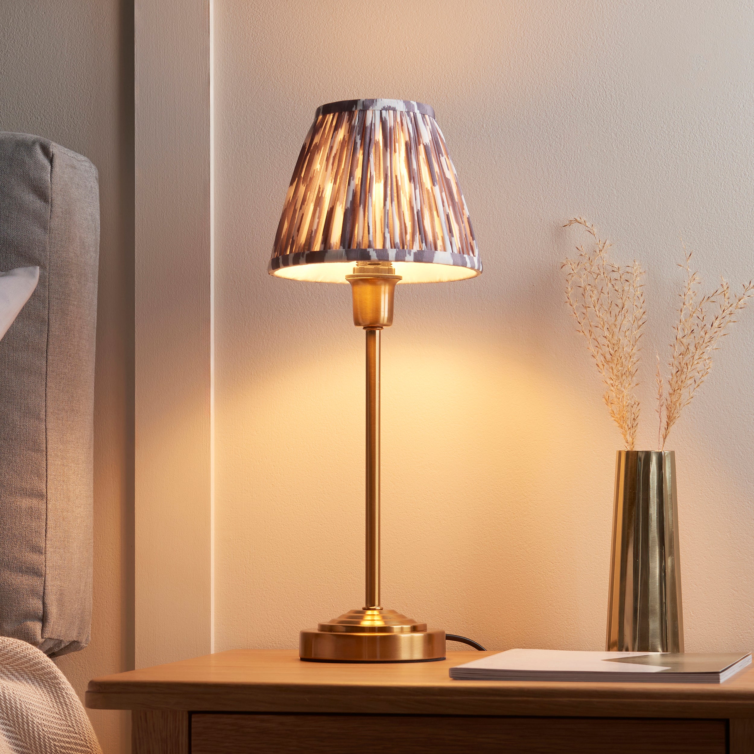Endon Rise & Ikat 16cm Table Lamp - Vintage Brass Finish & Pearl Grey Fabric