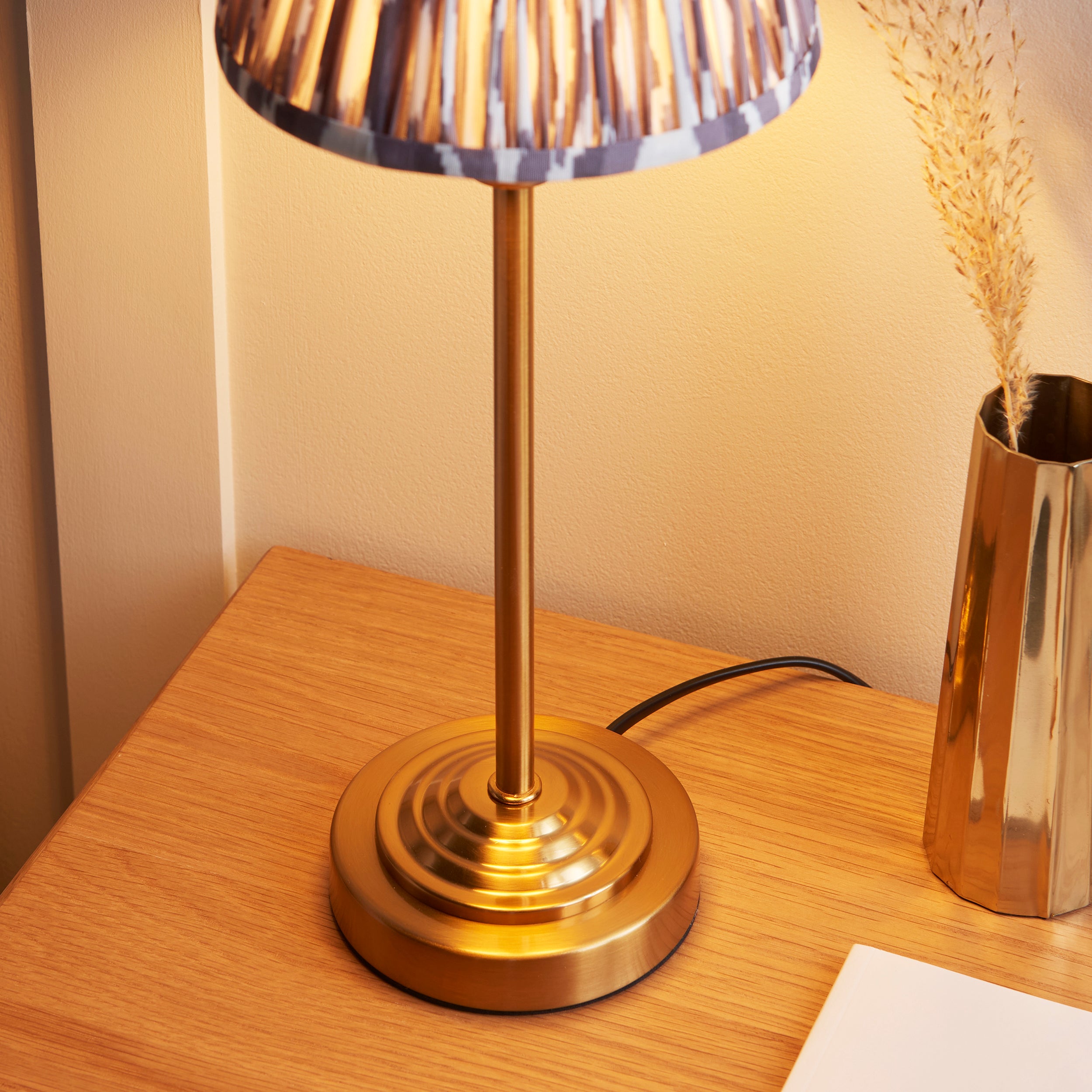 Endon Rise & Ikat 16cm Table Lamp - Vintage Brass Finish & Pearl Grey Fabric