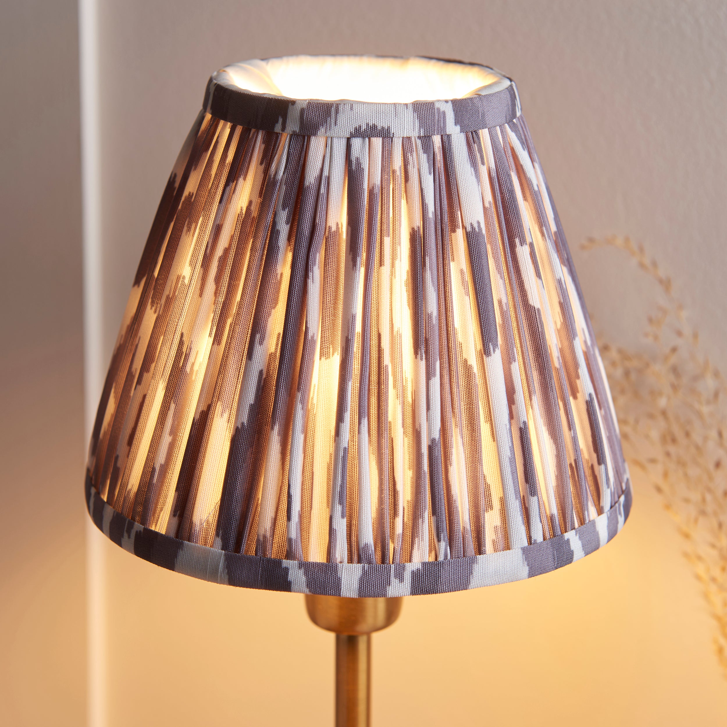 Endon Rise & Ikat 16cm Table Lamp - Vintage Brass Finish & Pearl Grey Fabric